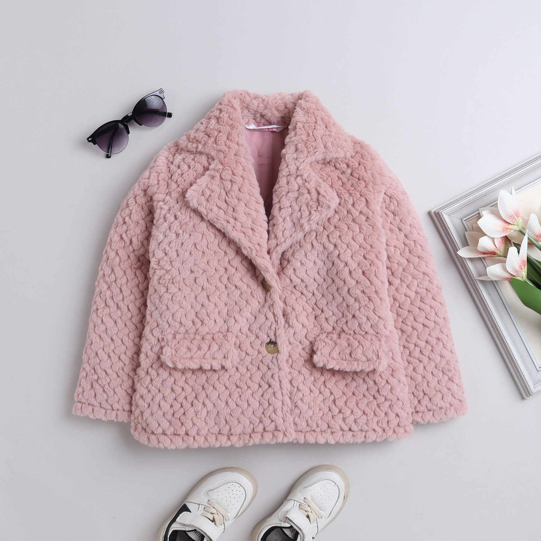 Full sleeves faux fur collared Jacket-Peach