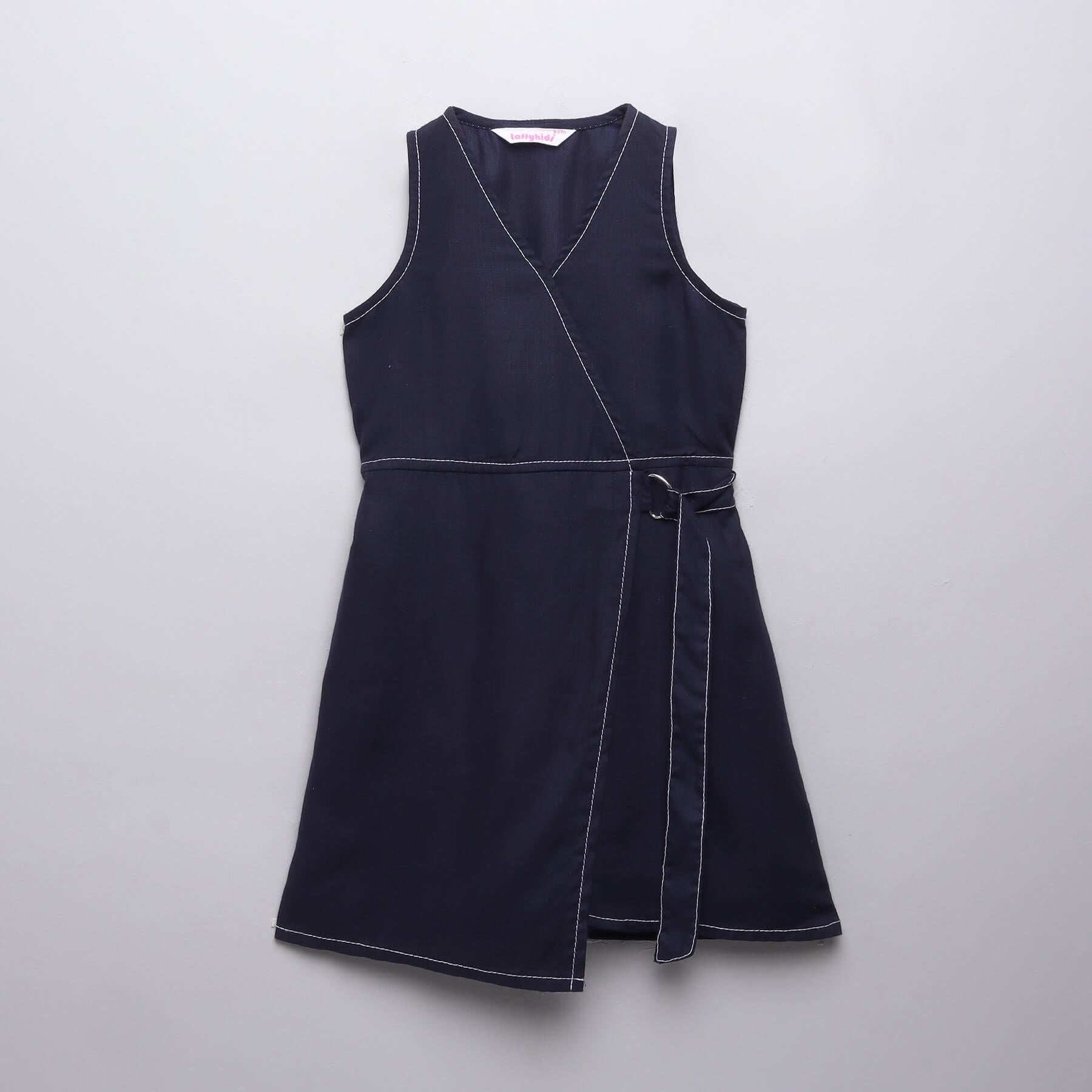 solid sleeveless stitch detailed wrap dress-Navy blue