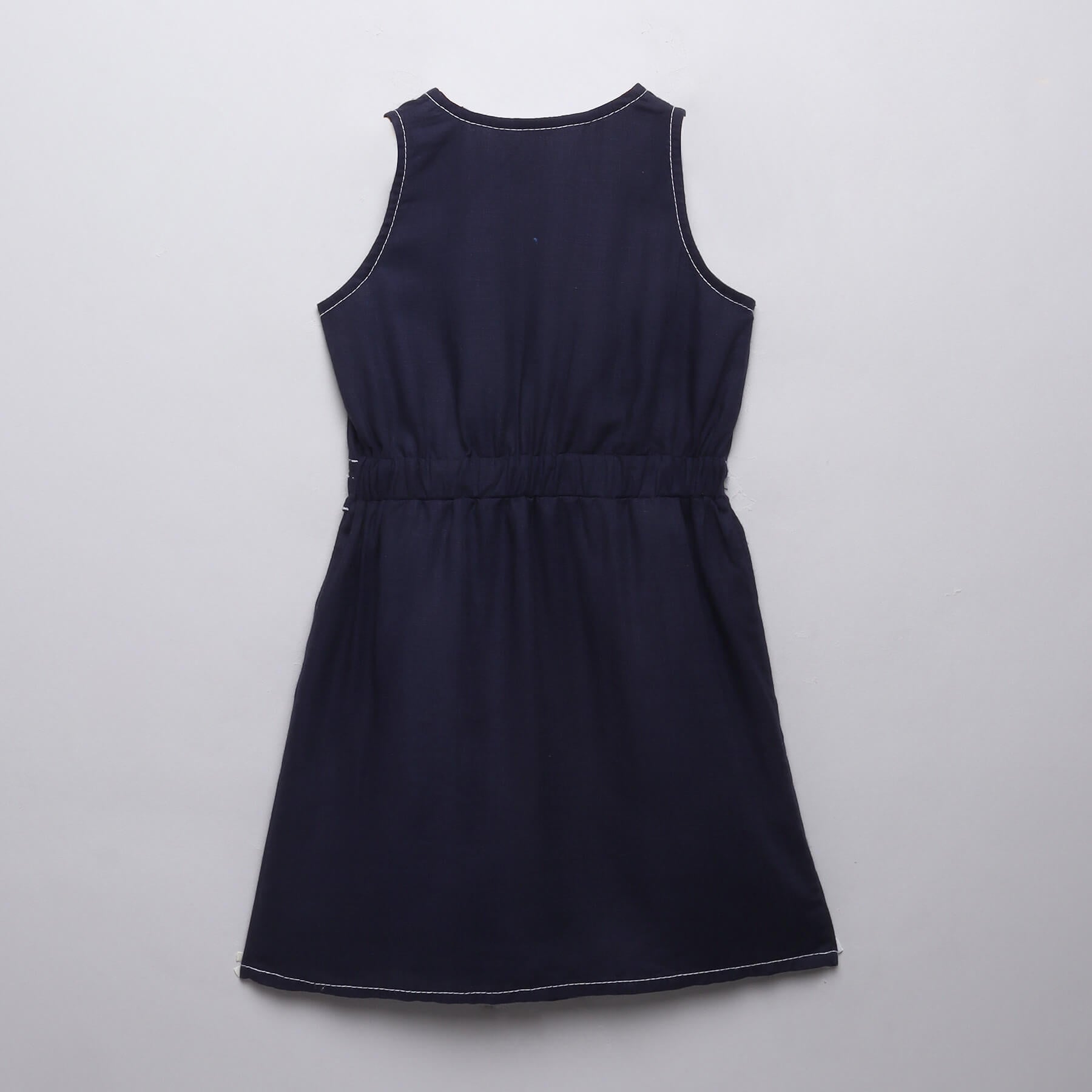 solid sleeveless stitch detailed wrap dress-Navy blue