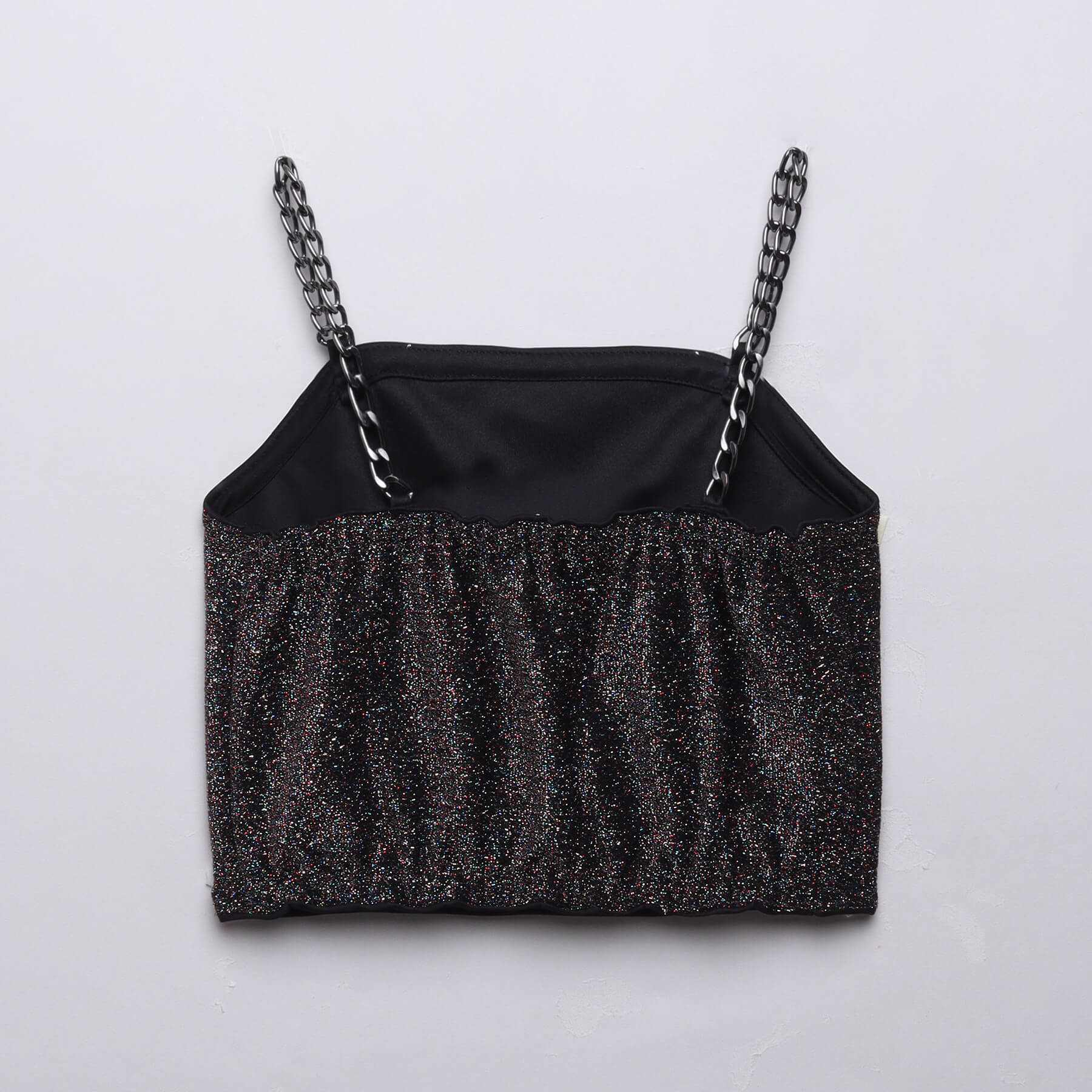 lurex sleeveless printed chain strap party crop top-Black & Green