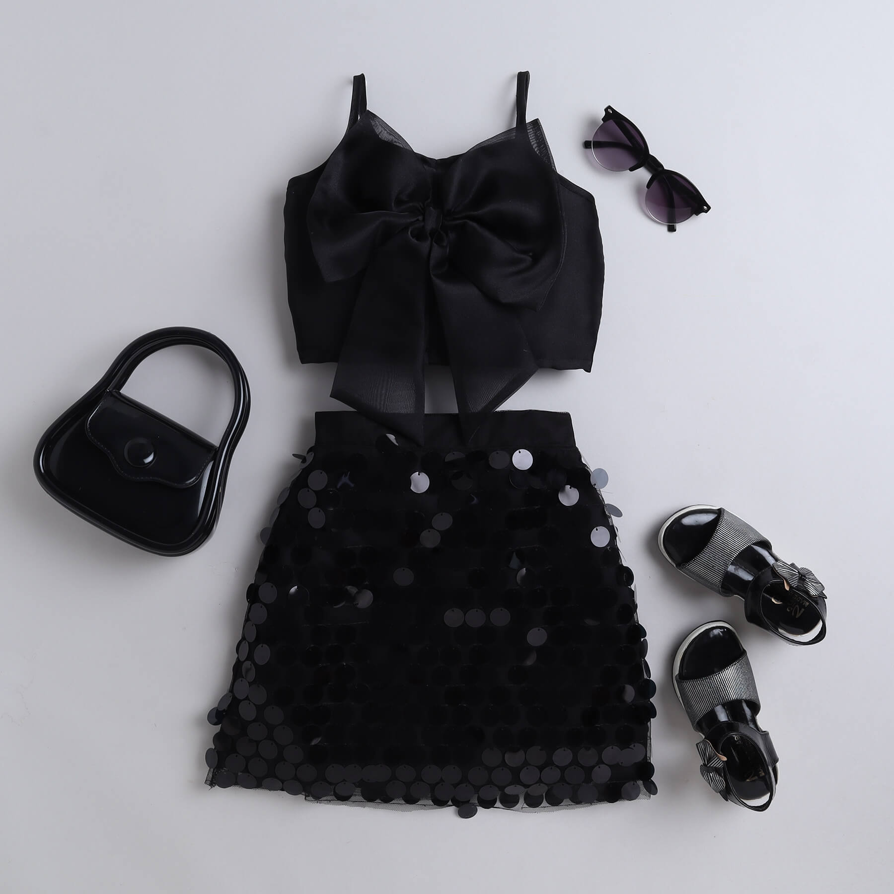 Organza bow detail party crop top and sequins skirt set-Black