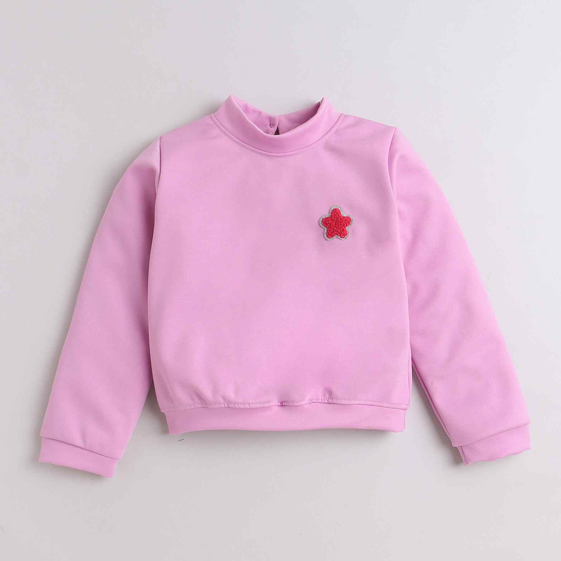 sequins badge embellished full sleeves sweatshirt-Peach