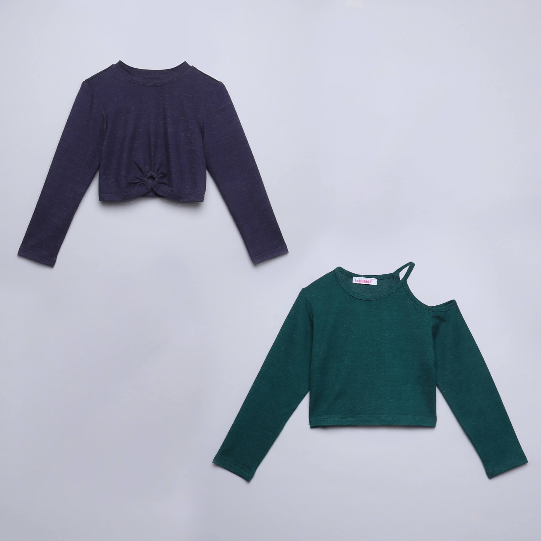 full sleeves cold shoulder crop and cut out detail crop top pack of two-Green/Blue