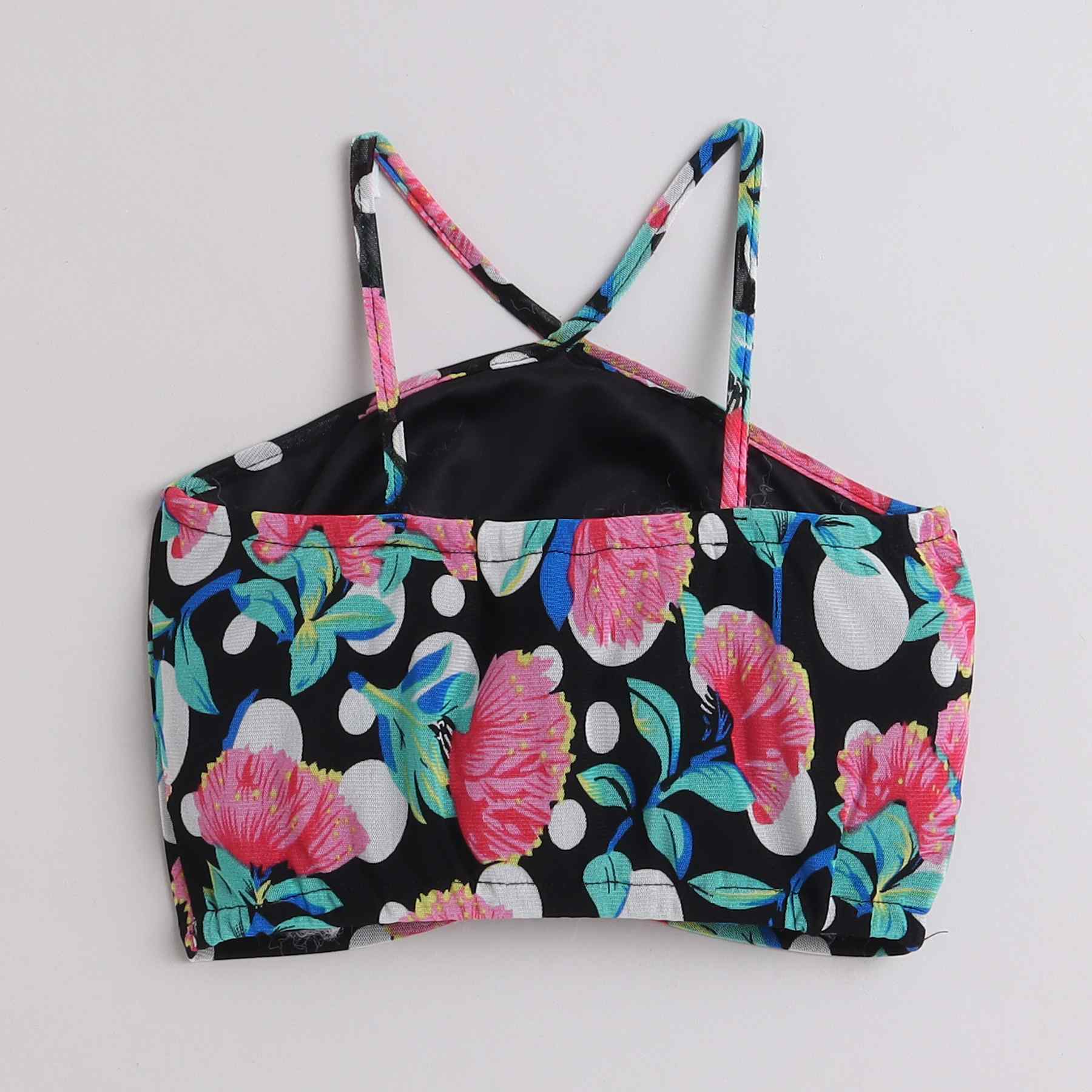 Floral printed halter neck ring cut out crop top-Multi