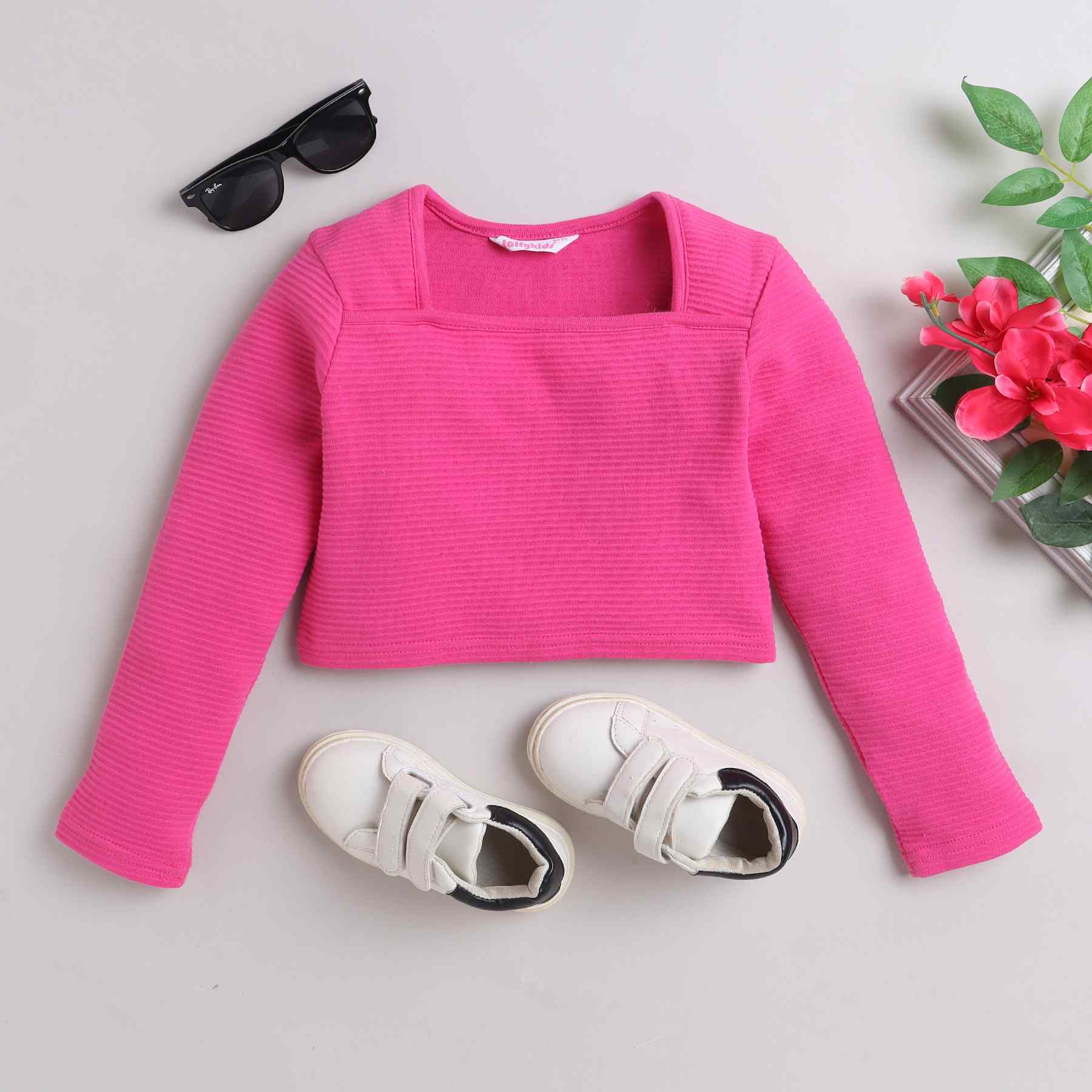 100% cotton stripe texture square neck full sleeves crop top -Pink