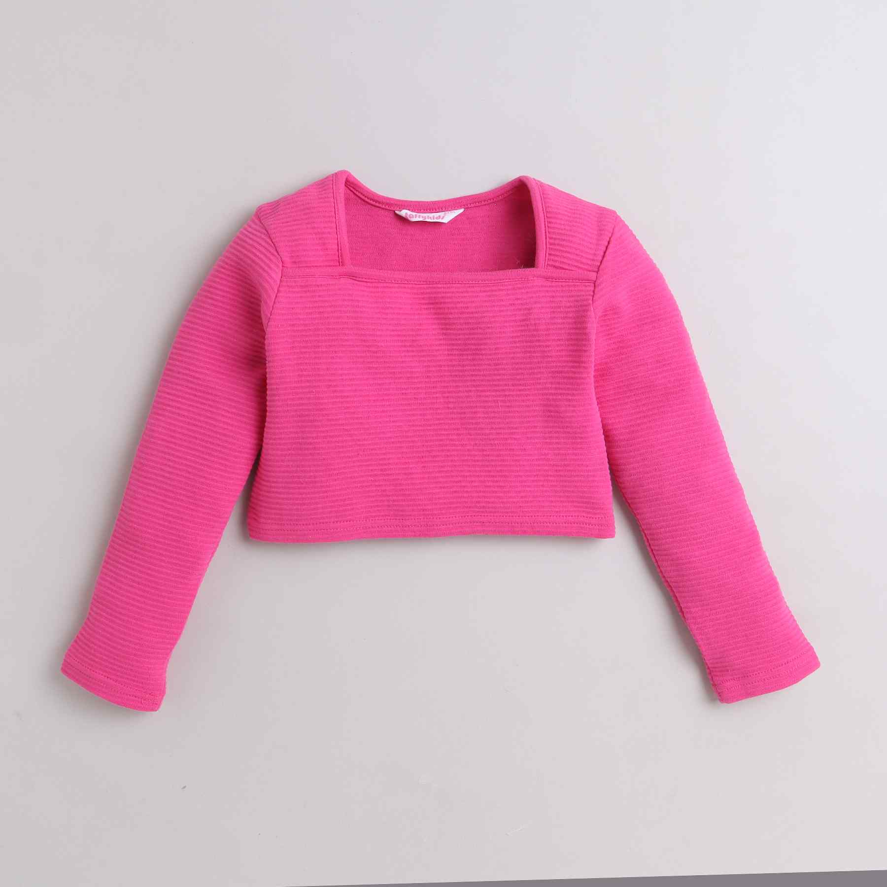 100% cotton stripe texture square neck full sleeves crop top -Pink