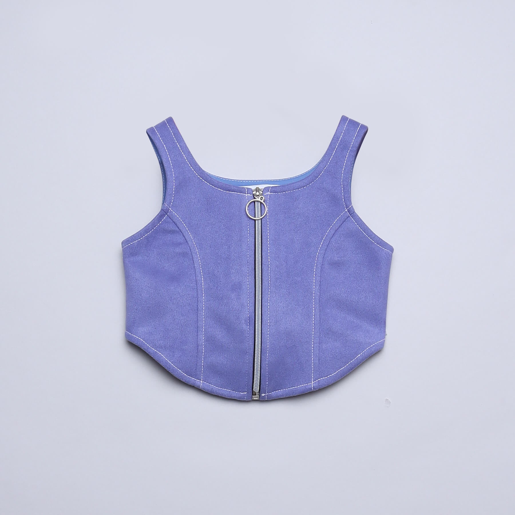 suede sleeveless stitch detail zip up crop top - Blue