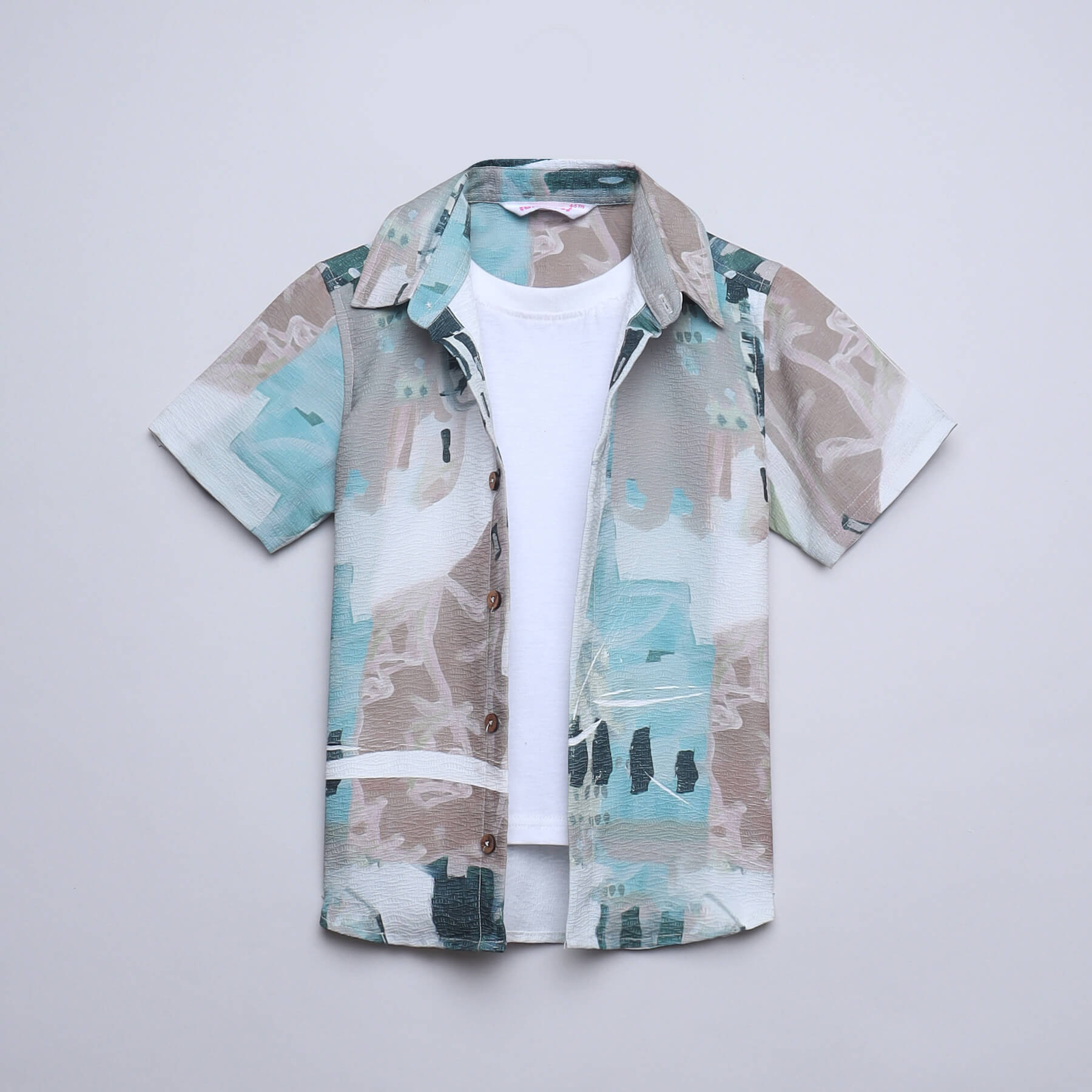 Abstract printed Half sleeves shirt with attached tee- White/multi