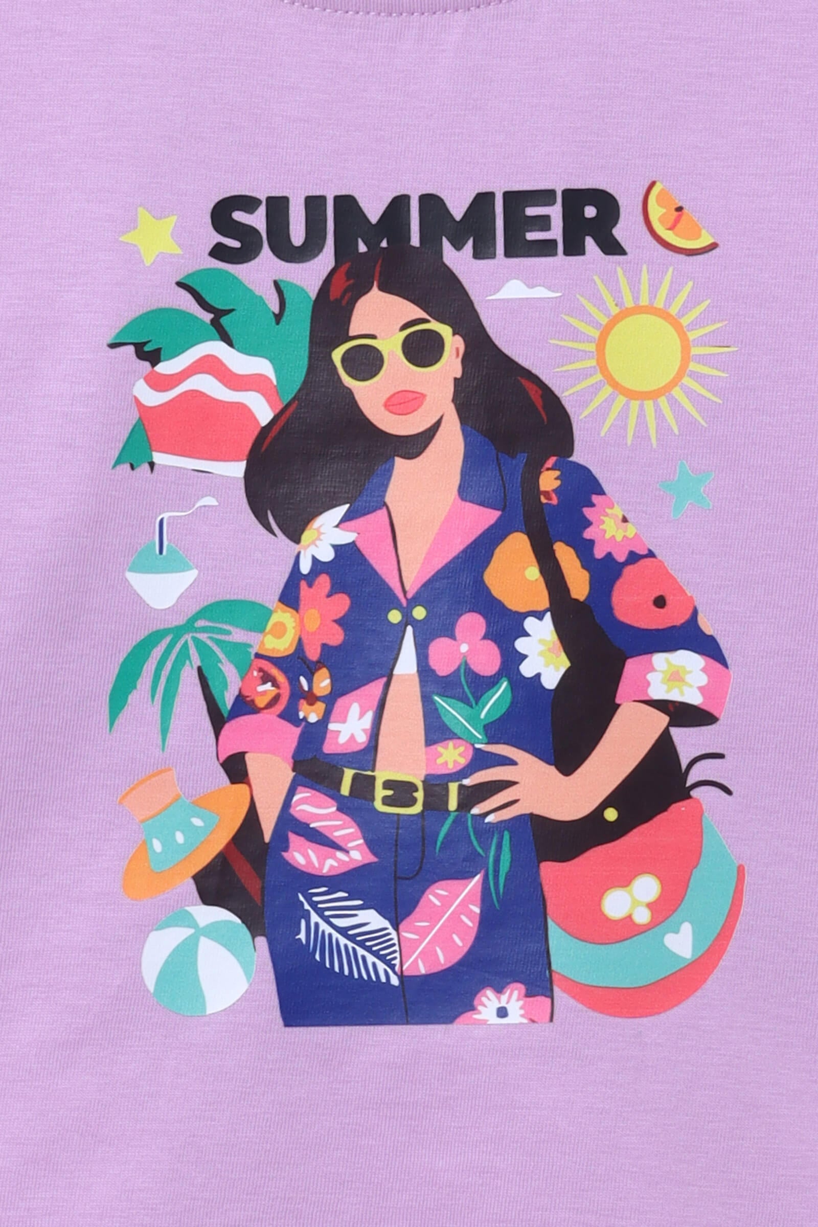 100% cotton half sleeves Summer themed graphic printed Crop T-shirt-Purple & Multi