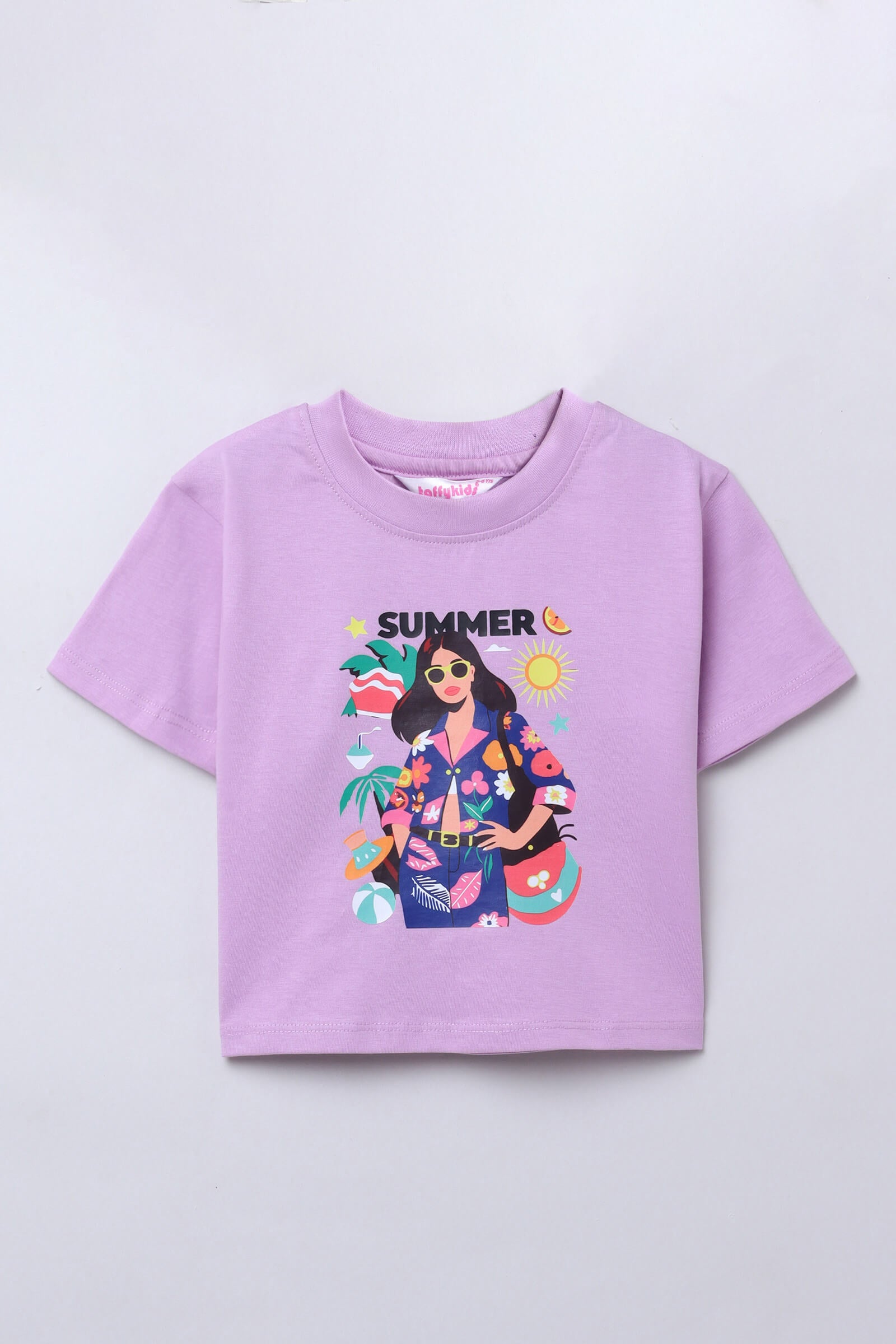 100% cotton half sleeves Summer themed graphic printed Crop T-shirt-Purple & Multi