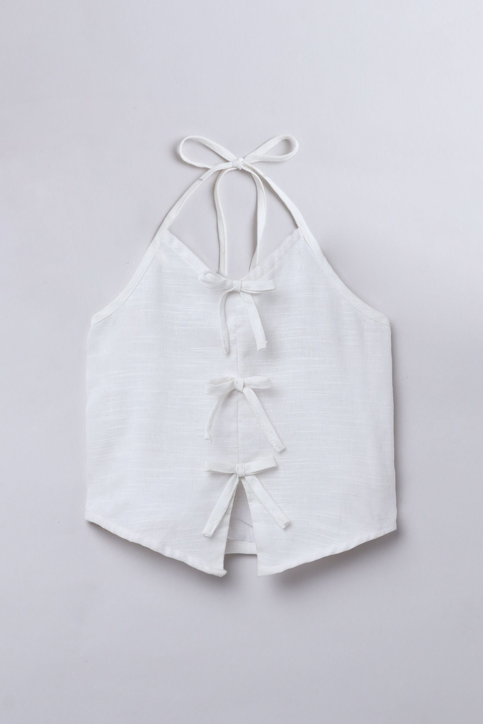 100% cotton Sleeveless bow and slit detail halter Aline crop top-White