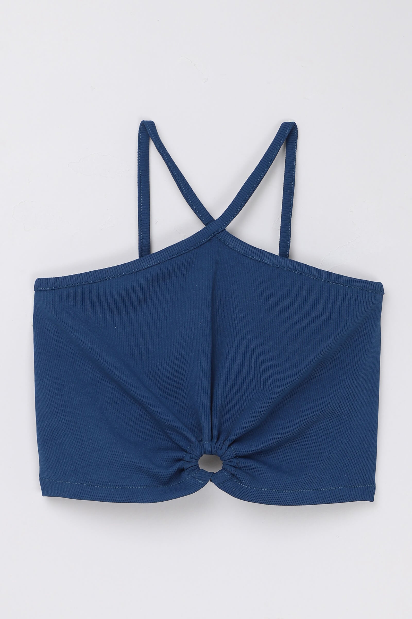 Rib sleeveless halter neck cut out crop top-Teal