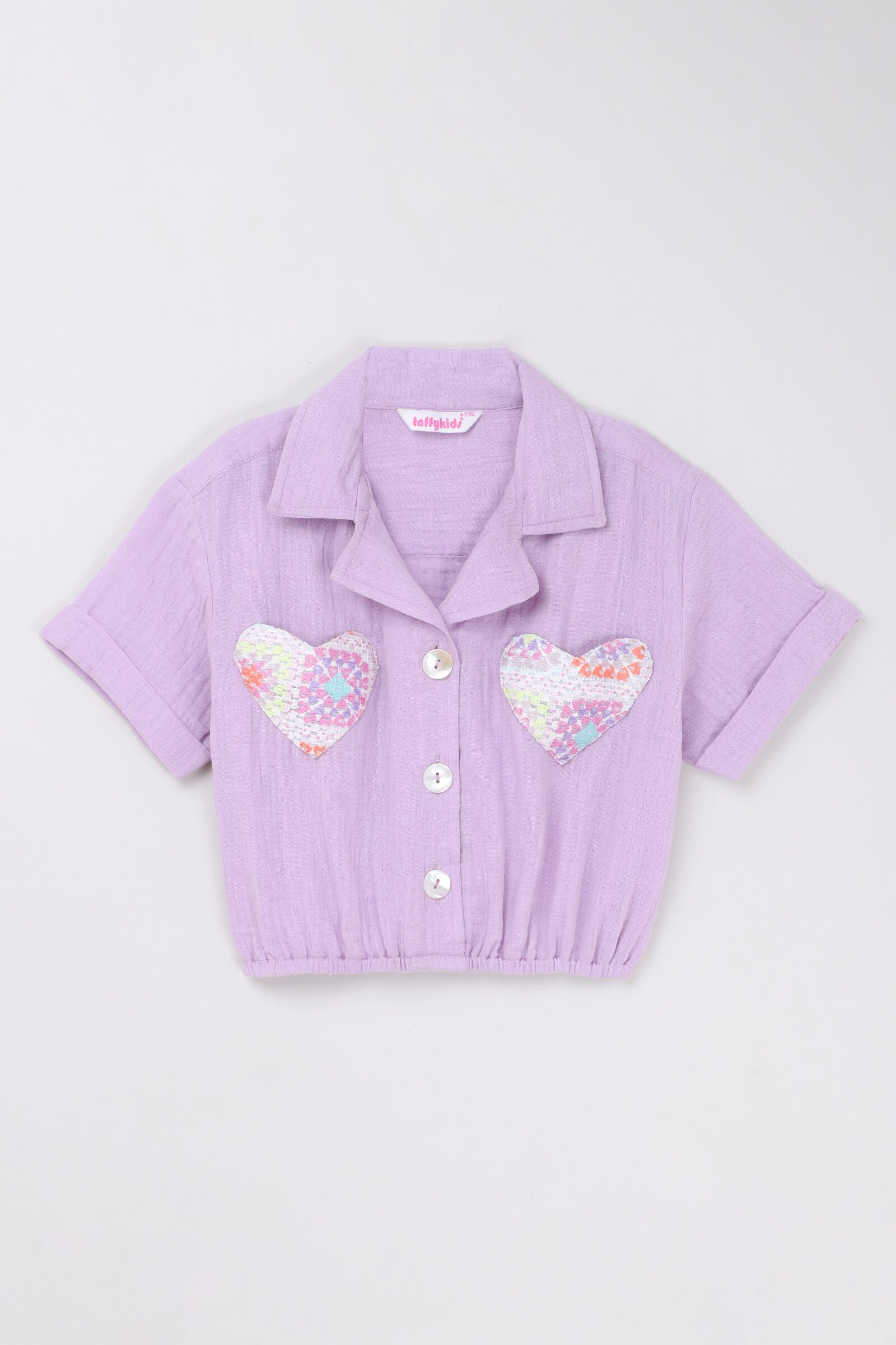 100% cotton half sleeves solid heart pocket detailed crop shirt-Purple/Multi