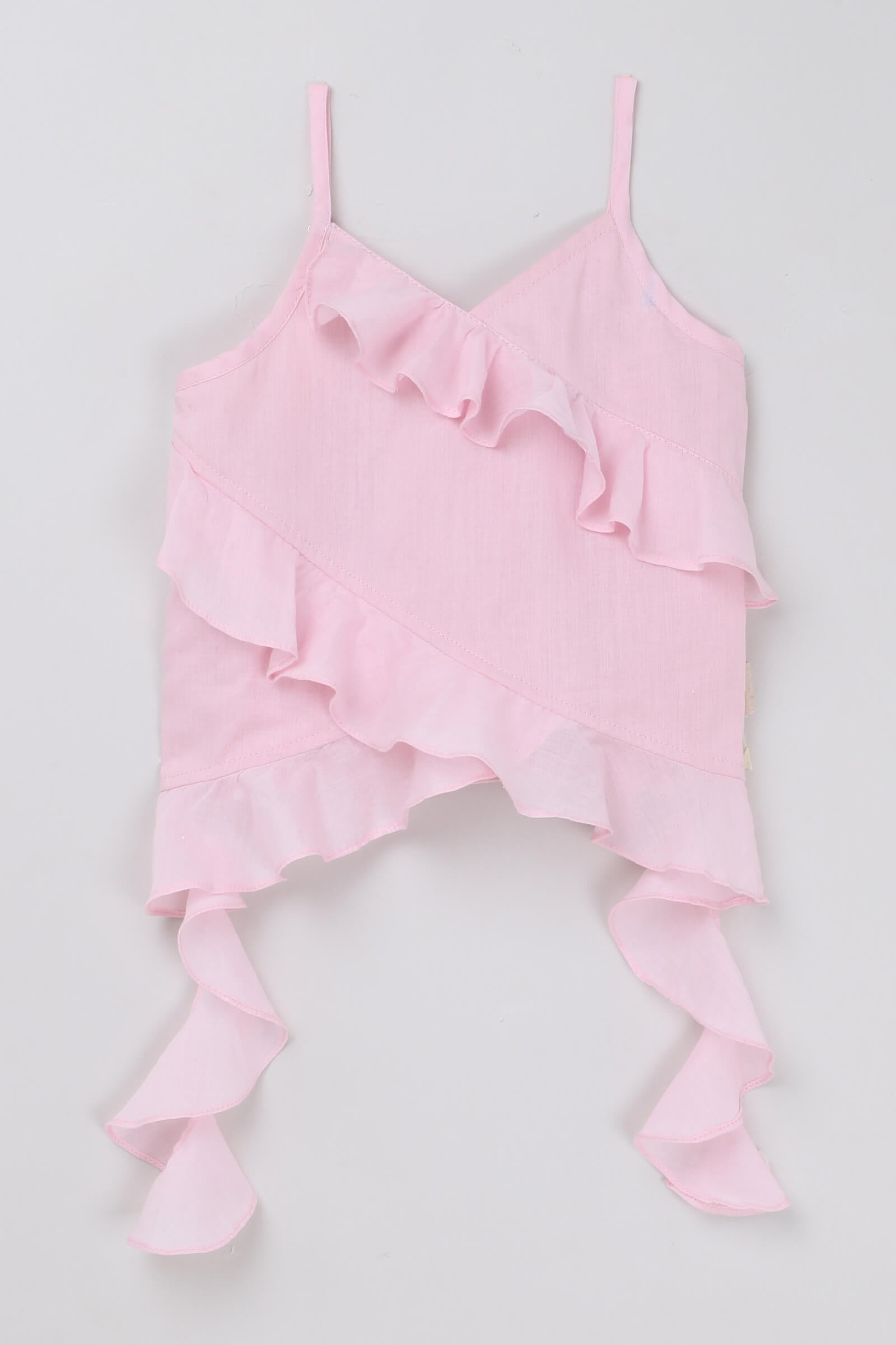 100% cotton sleeveless ruffle detail asymmetric top-Pink