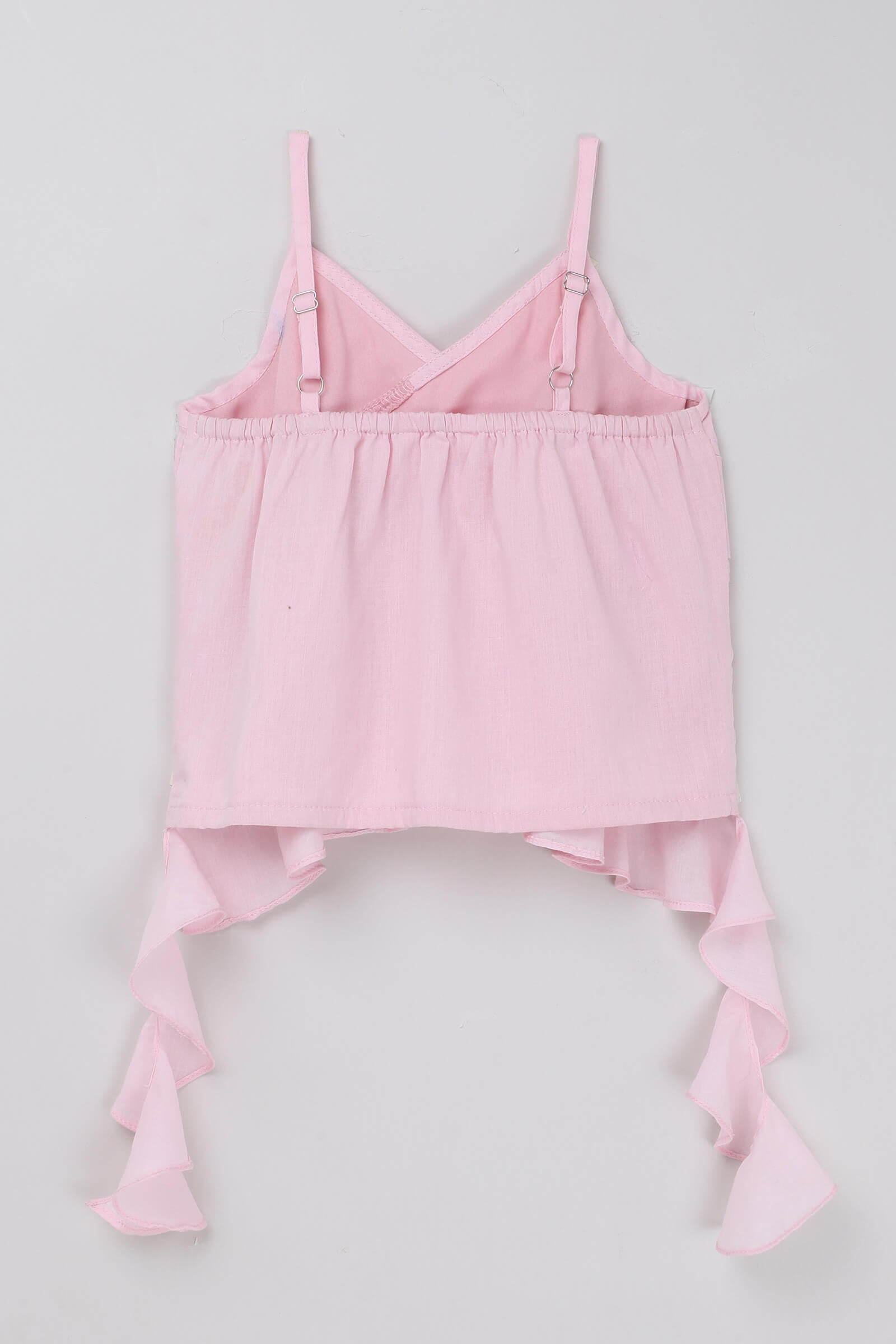 100% cotton sleeveless ruffle detail asymmetric top-Pink