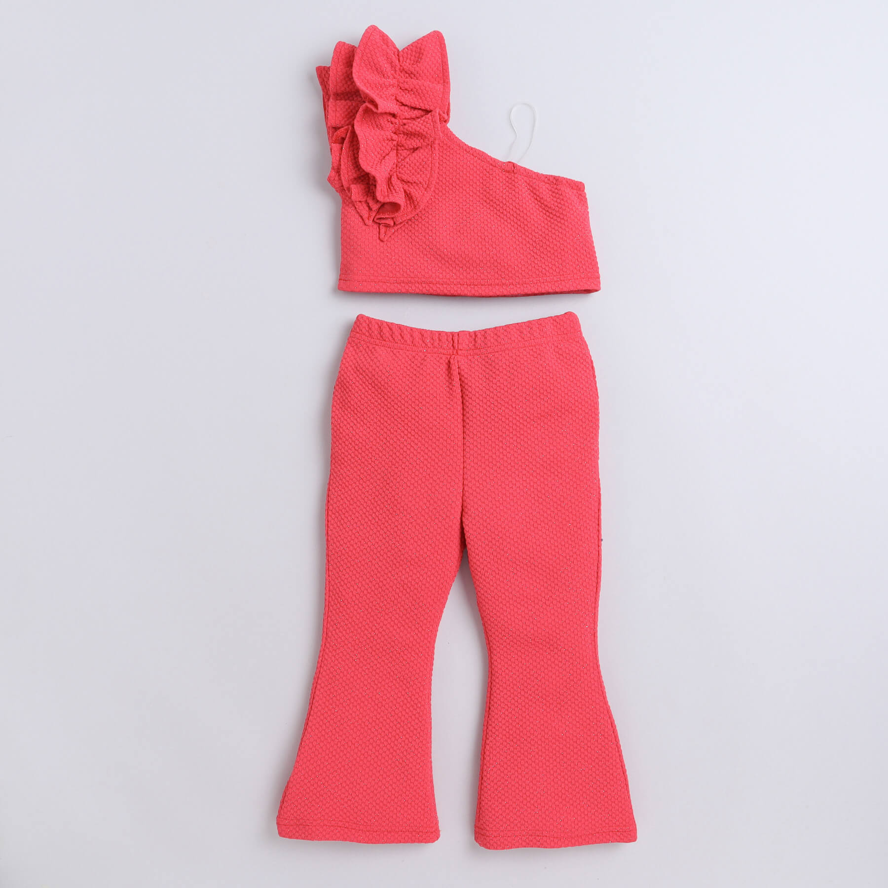 Taffykids ruffle detail one shoulder party crop top and bell bottom pant set-Red