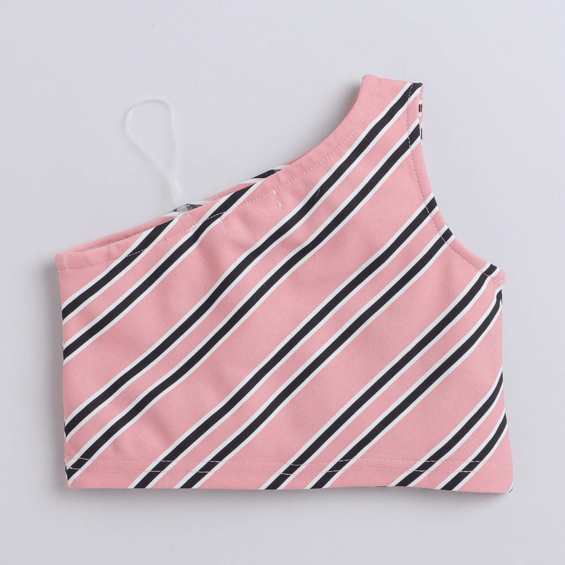 Taffykids stripes printed on shoulder crop top and skort set-Pink/Black