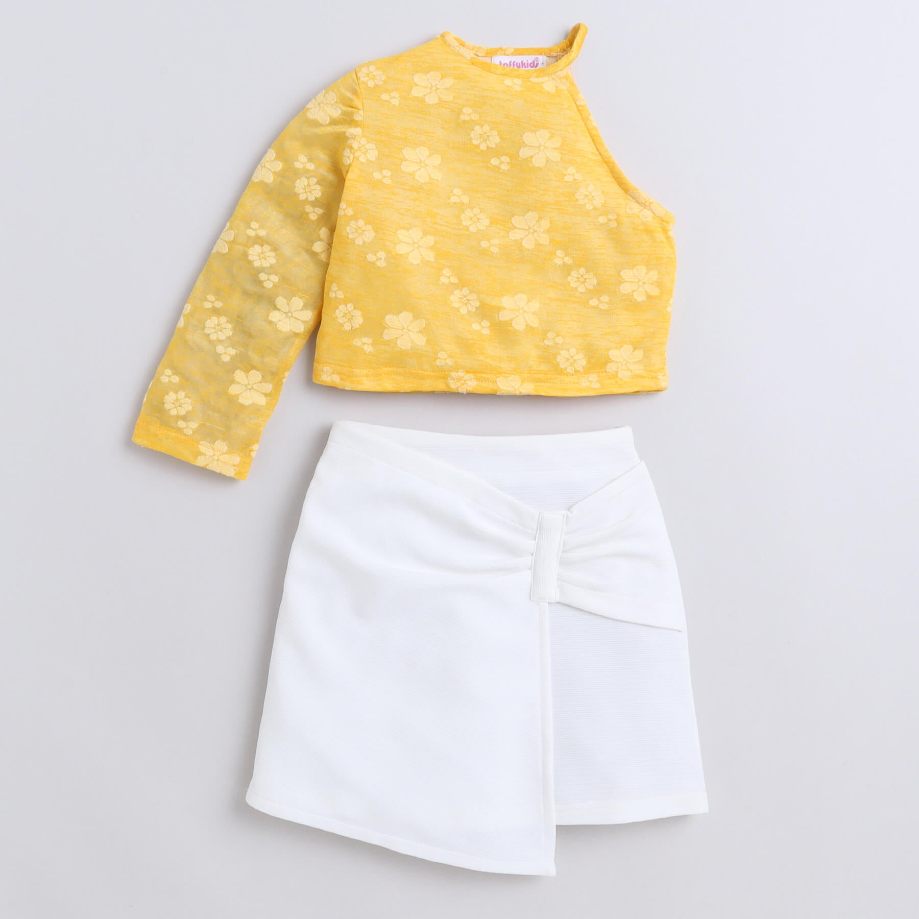 Taffykids asymmetric neck Party top and bow detail skirt set-Yellow/White