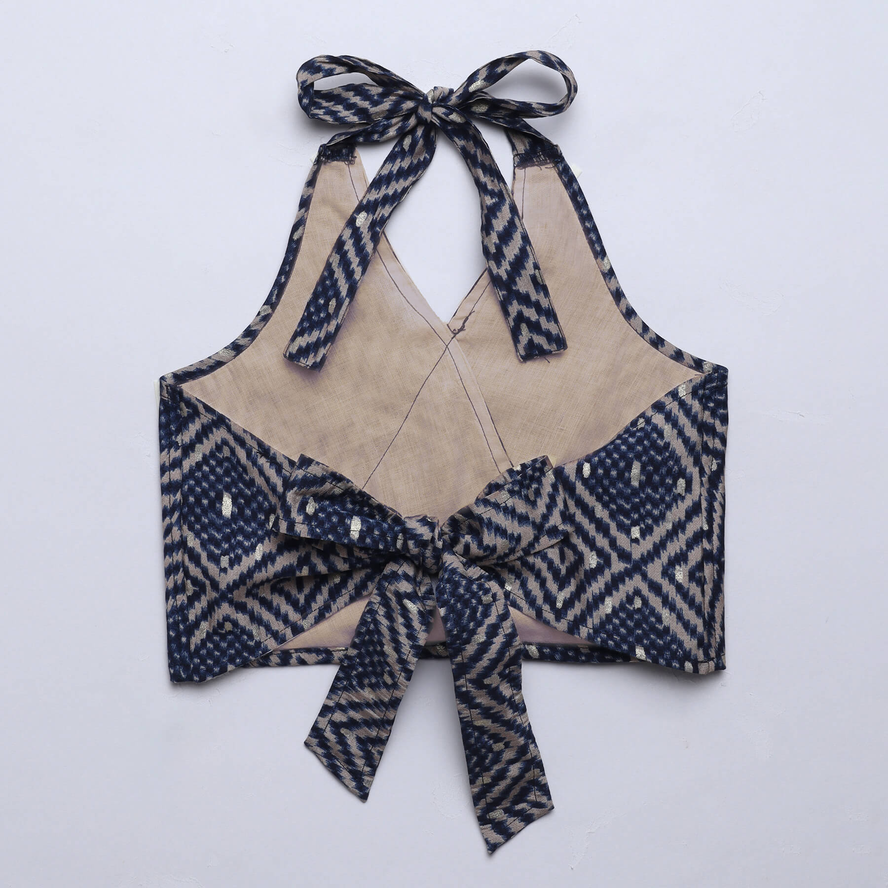 Ikat printed sleeveless halter neck back tie up crop top-Navy blue