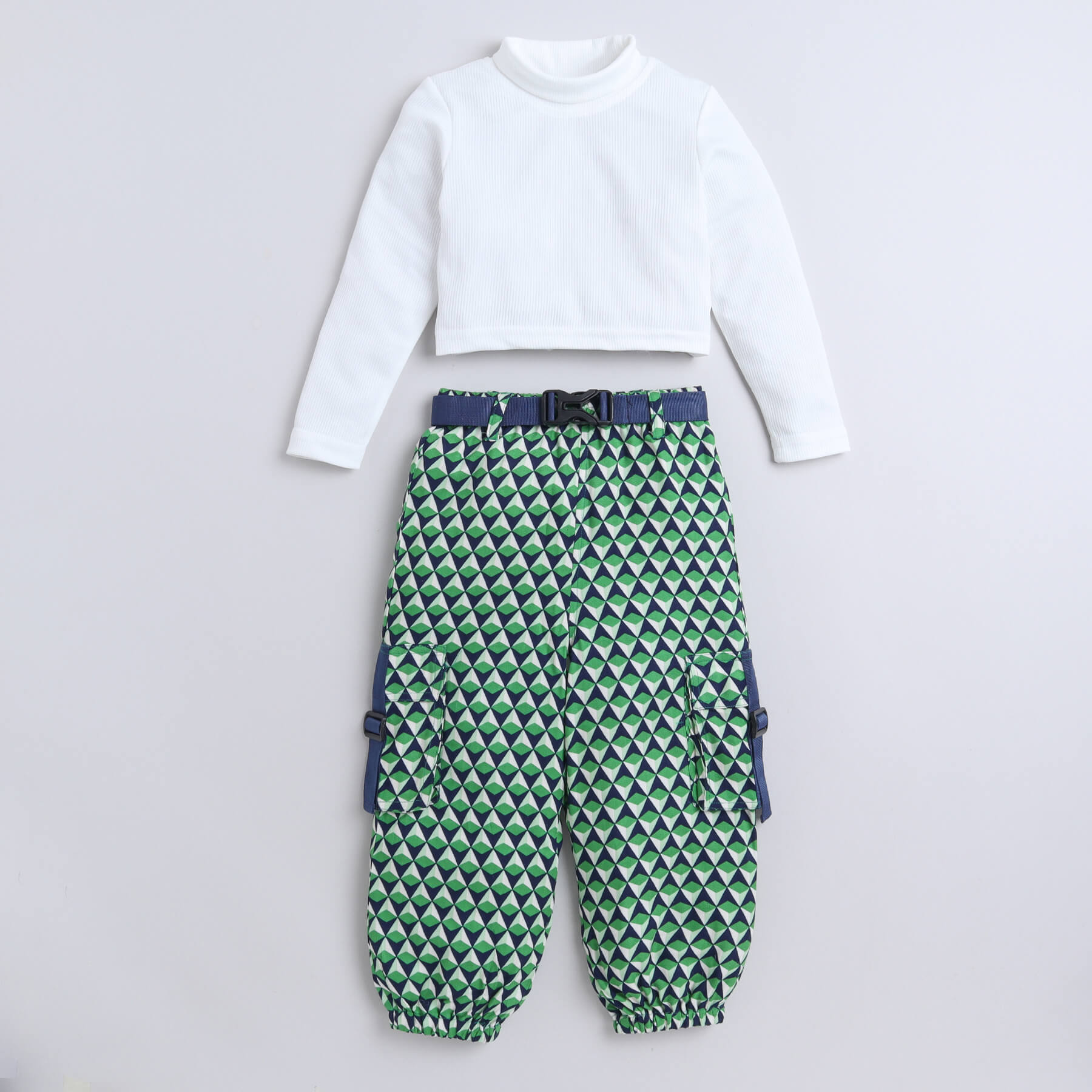 full sleeves crop top and geometric printed cargo pant set-white/multi