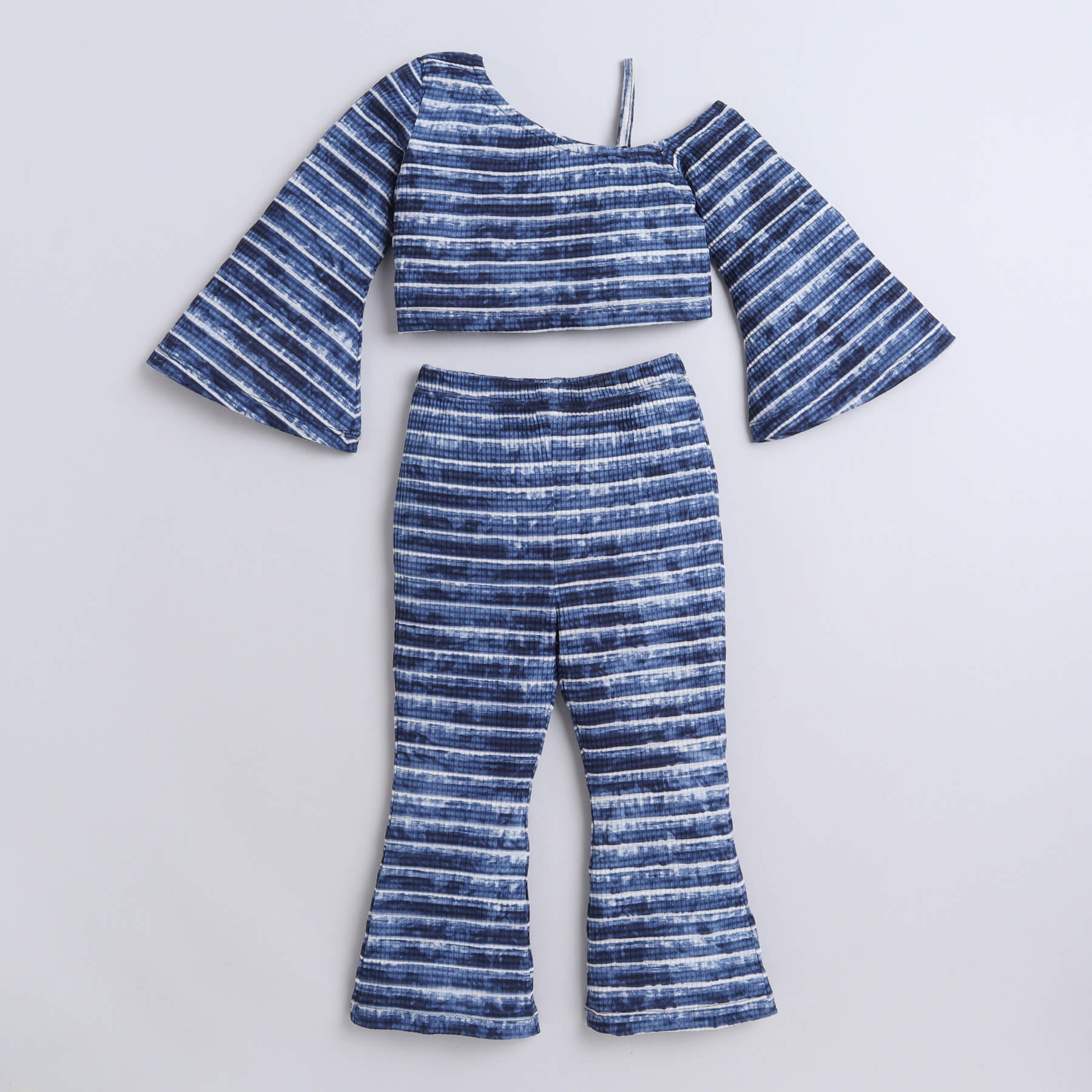 Taffykids Stripes and tie-dye printed cold shoulder top and bell bottom pant set-Blue