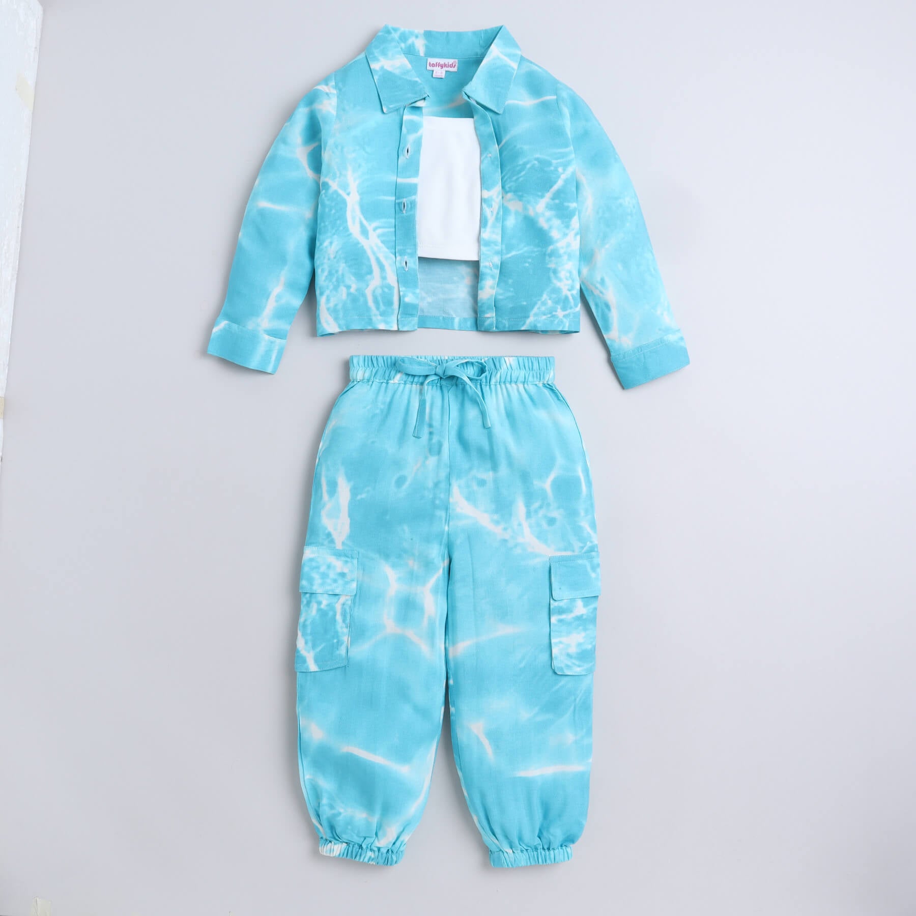 Taffykids Tie-dye printed full sleeves shirt and cargo pant with solid crop top-Blue/White