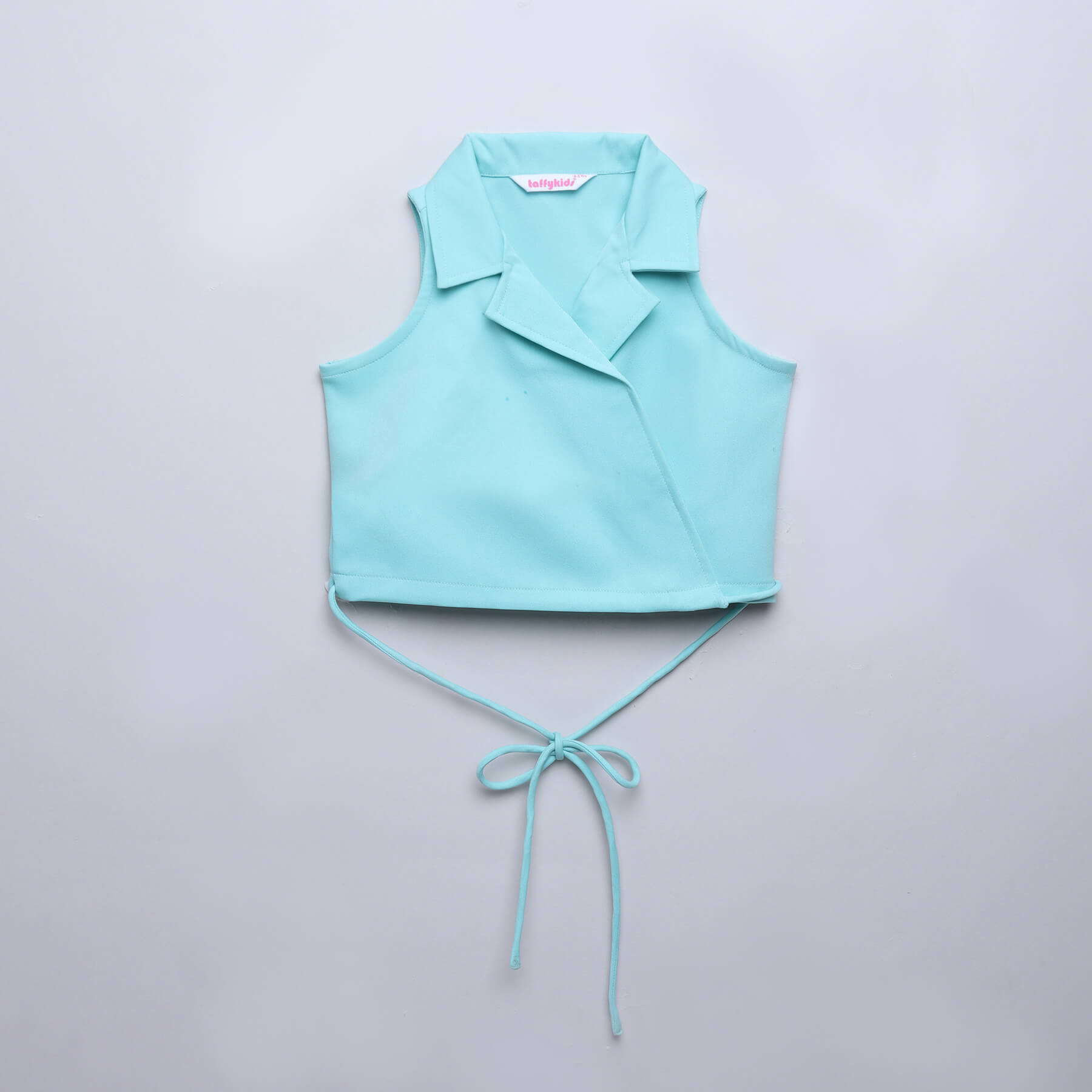 solid sleeveless wrap around crop blazer Top-Aquamarine