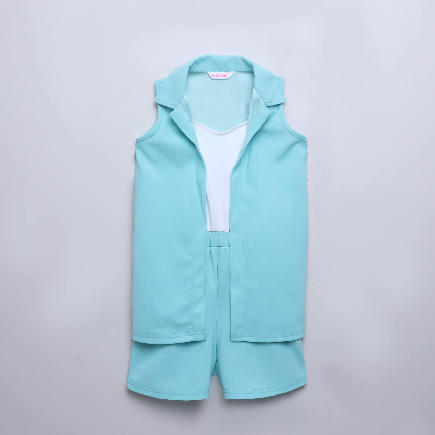 color-block singlet playsuit with sleeveless jacket-Aqua & White