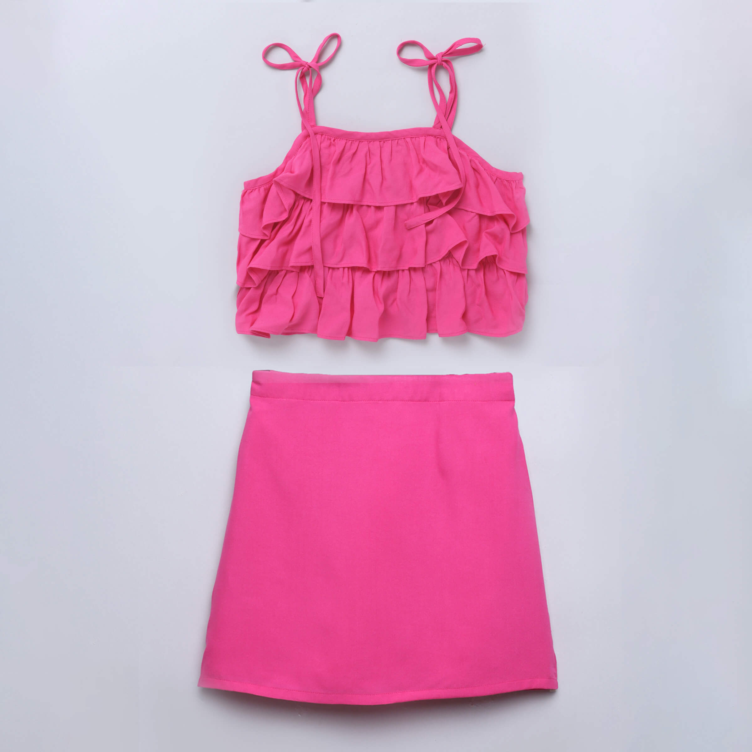 sleeveless Ruffle detail crop top and matching skirt set-Pink