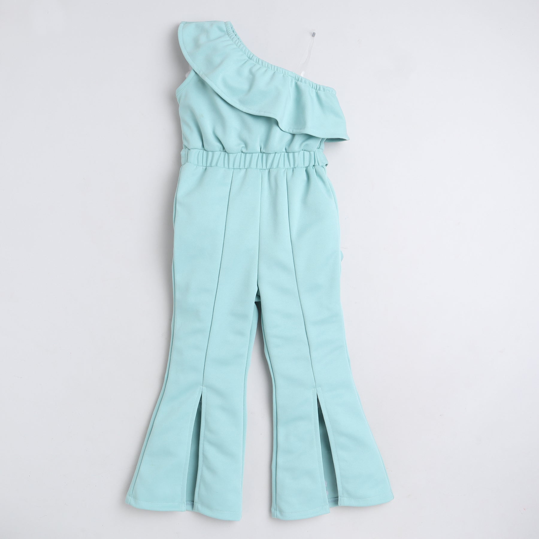 Shop Solid Sleeveless Slit And Tie-Up Detail Ruffled One Shoulder Jumpsuit-Mint Green Online