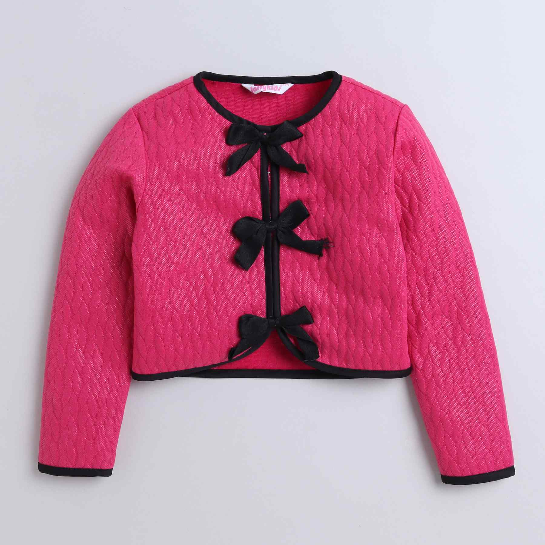 quilted bow detail full sleeves crop top and matching skirt set-Hot pink