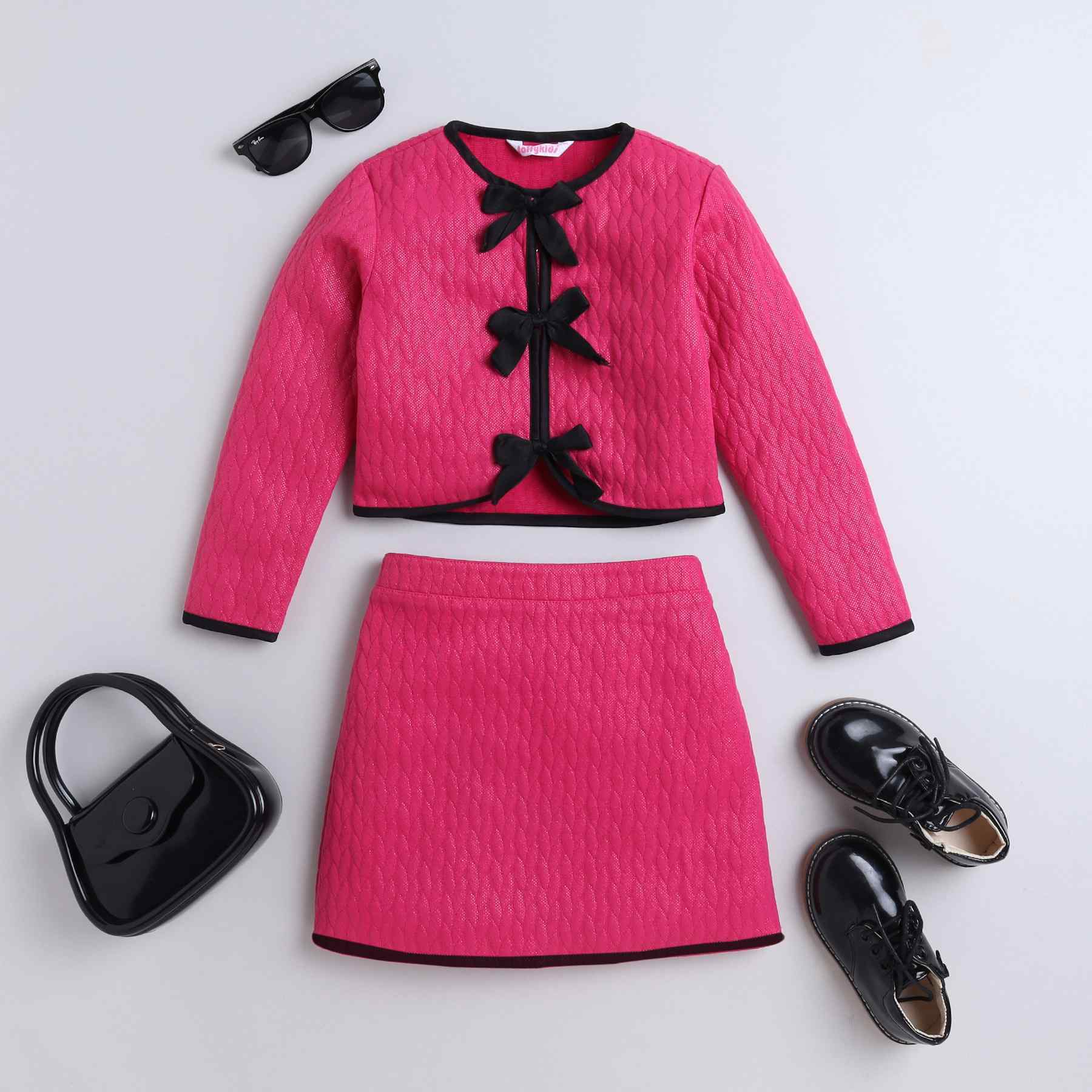 quilted bow detail full sleeves crop top and matching skirt set-Hot pink