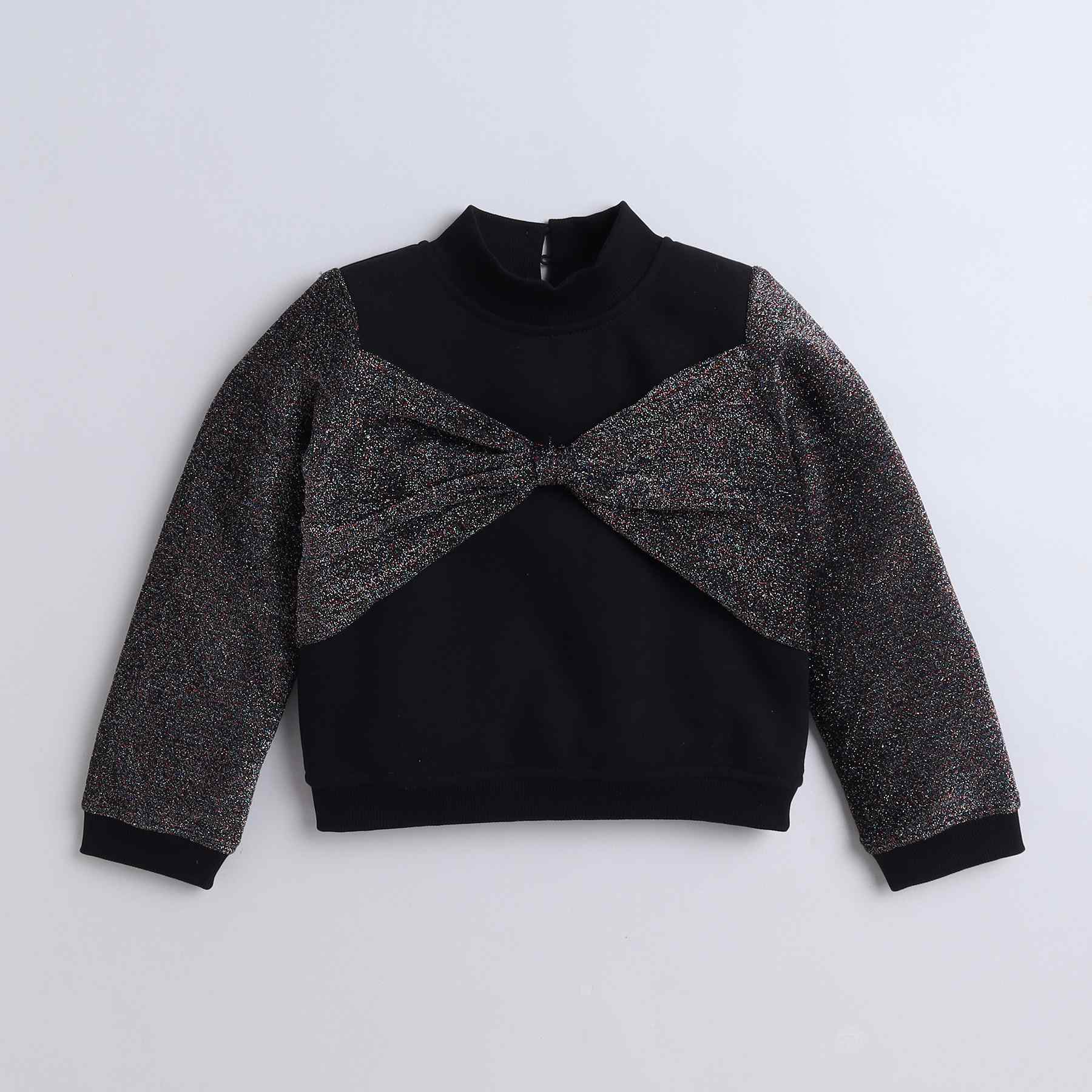 lurex zari bow detail full sleeves sweatshirt- black/multi