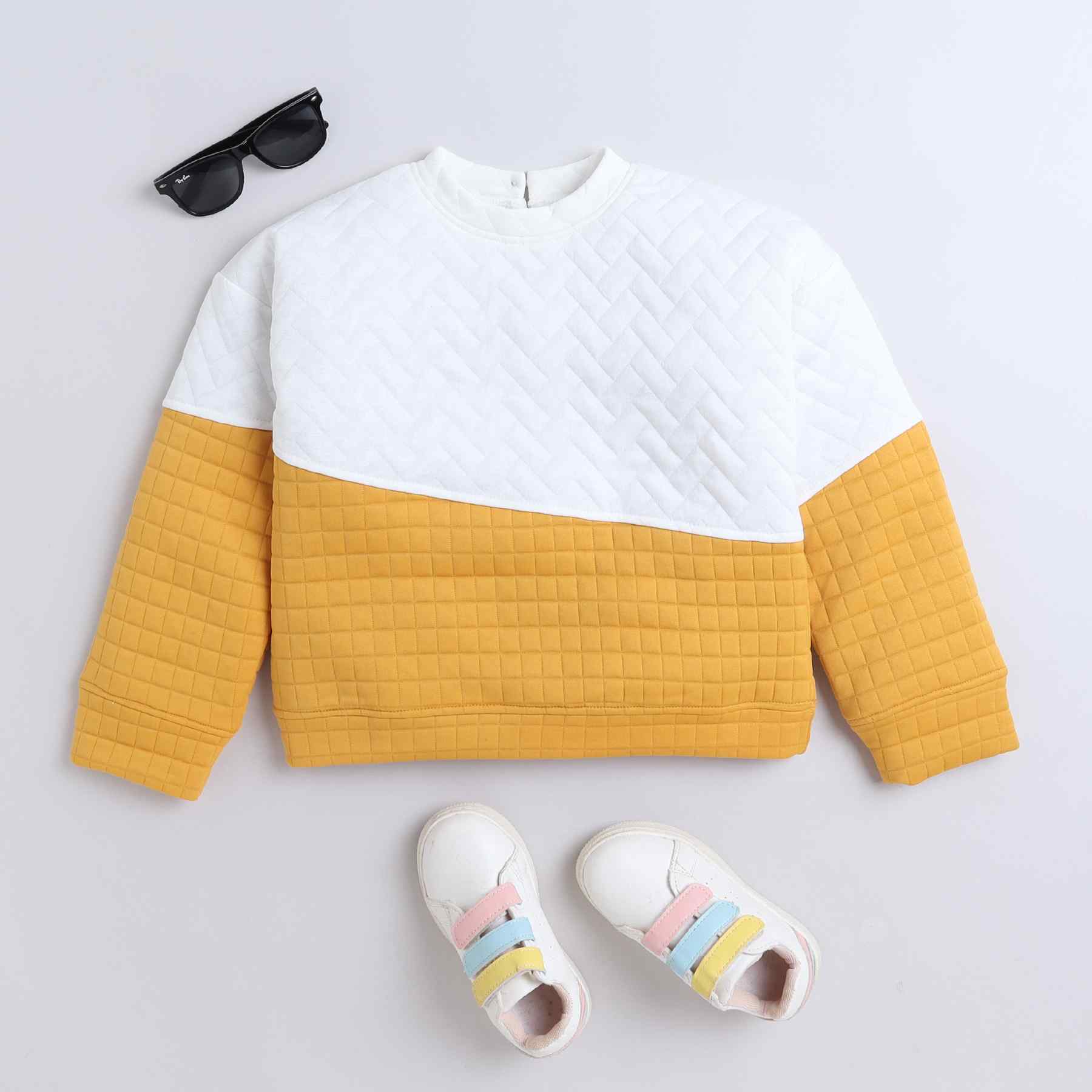 color block full sleeves quilted sweatshirt-White/Yellow