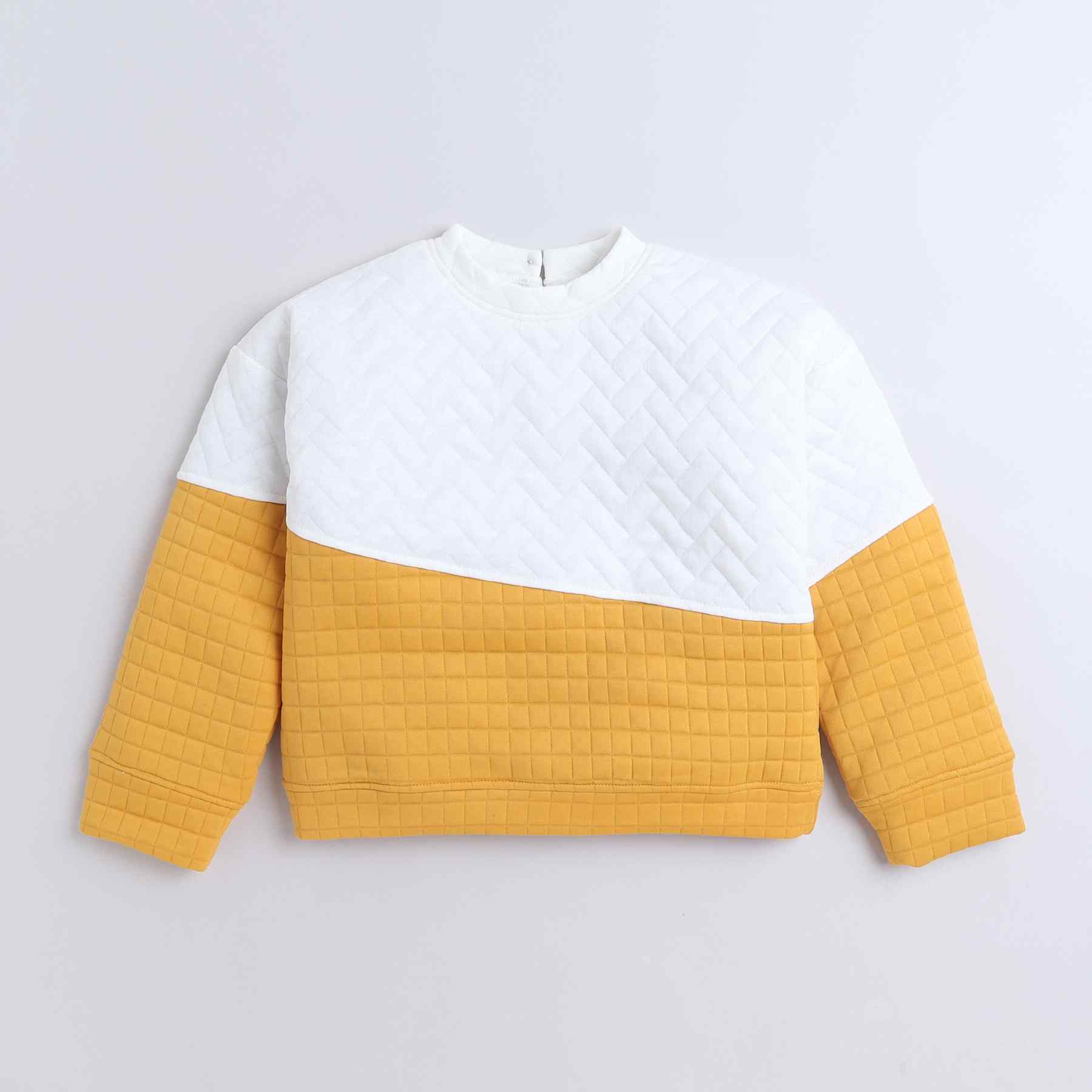 color block full sleeves quilted sweatshirt-White/Yellow