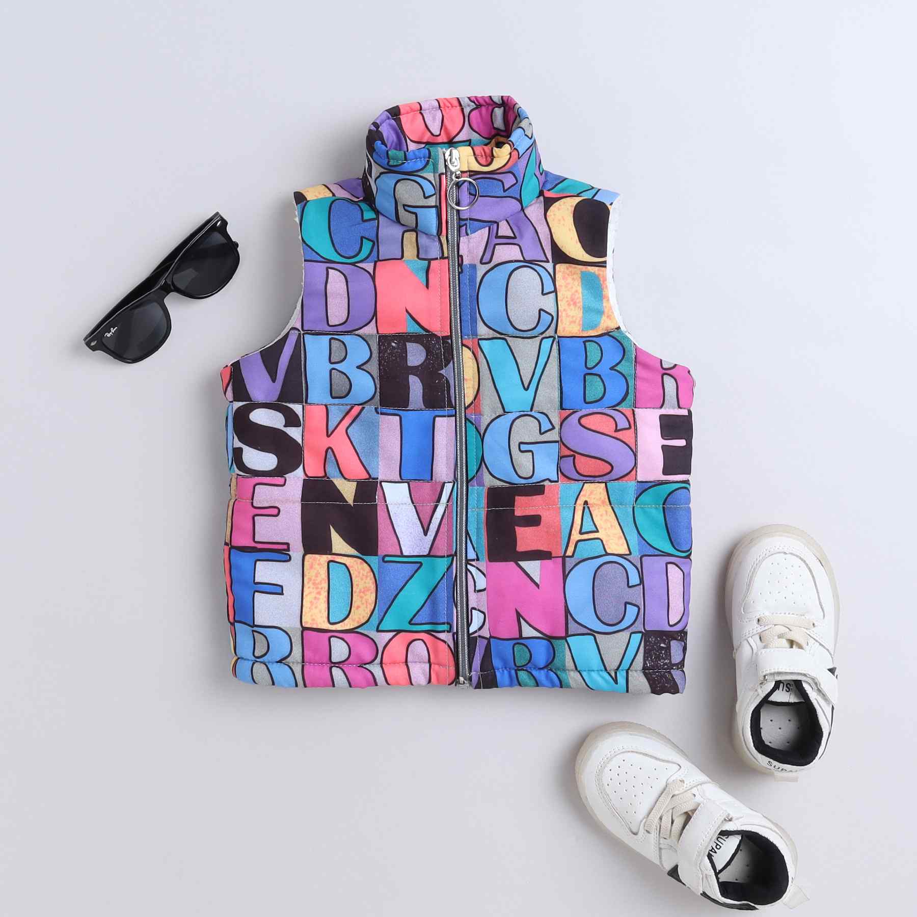 alphabet printed sleeveless turtle neck zip up jacket- Multi