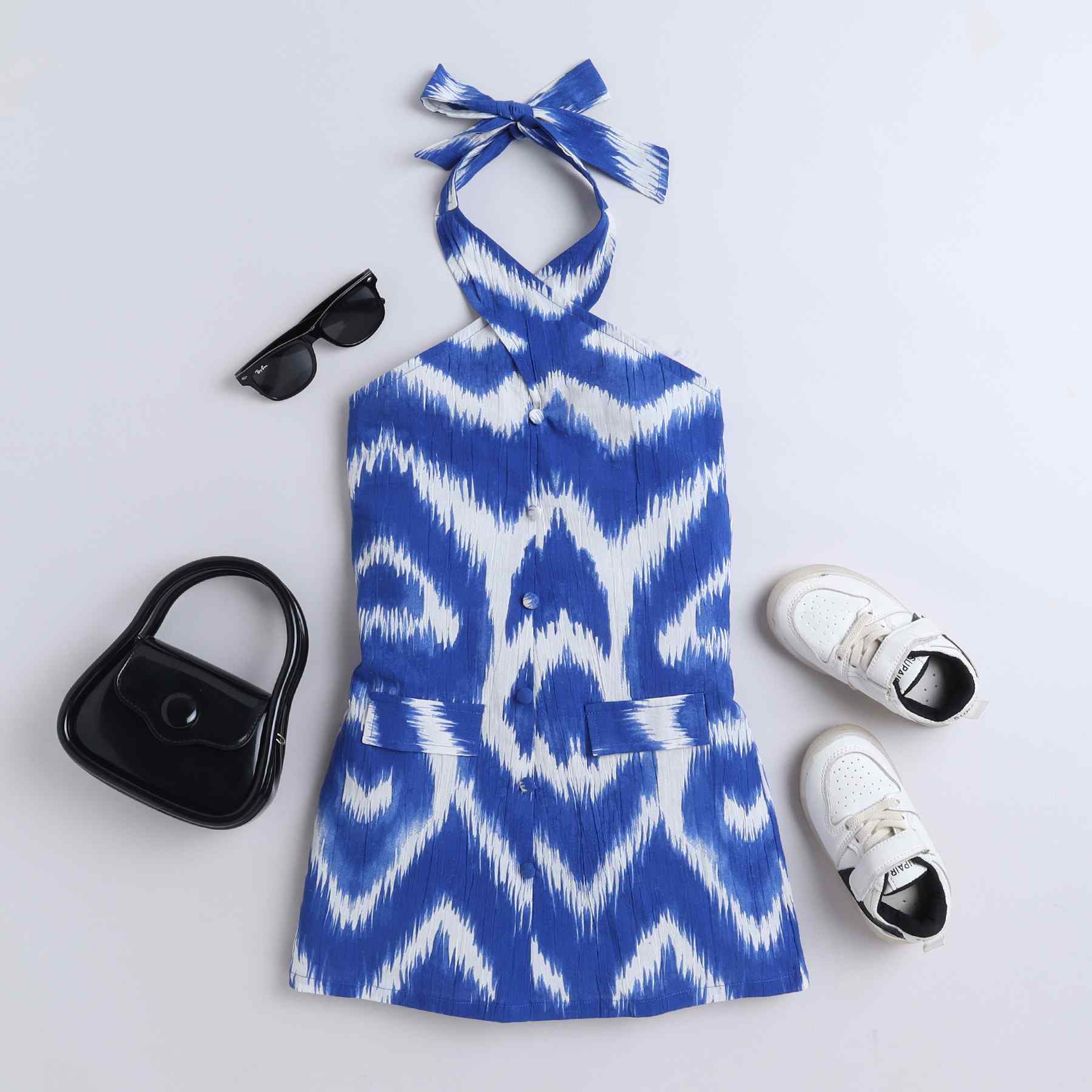 100% cotton ikkat printed button detail halter neck above  knee length Aline dress-Blue/White