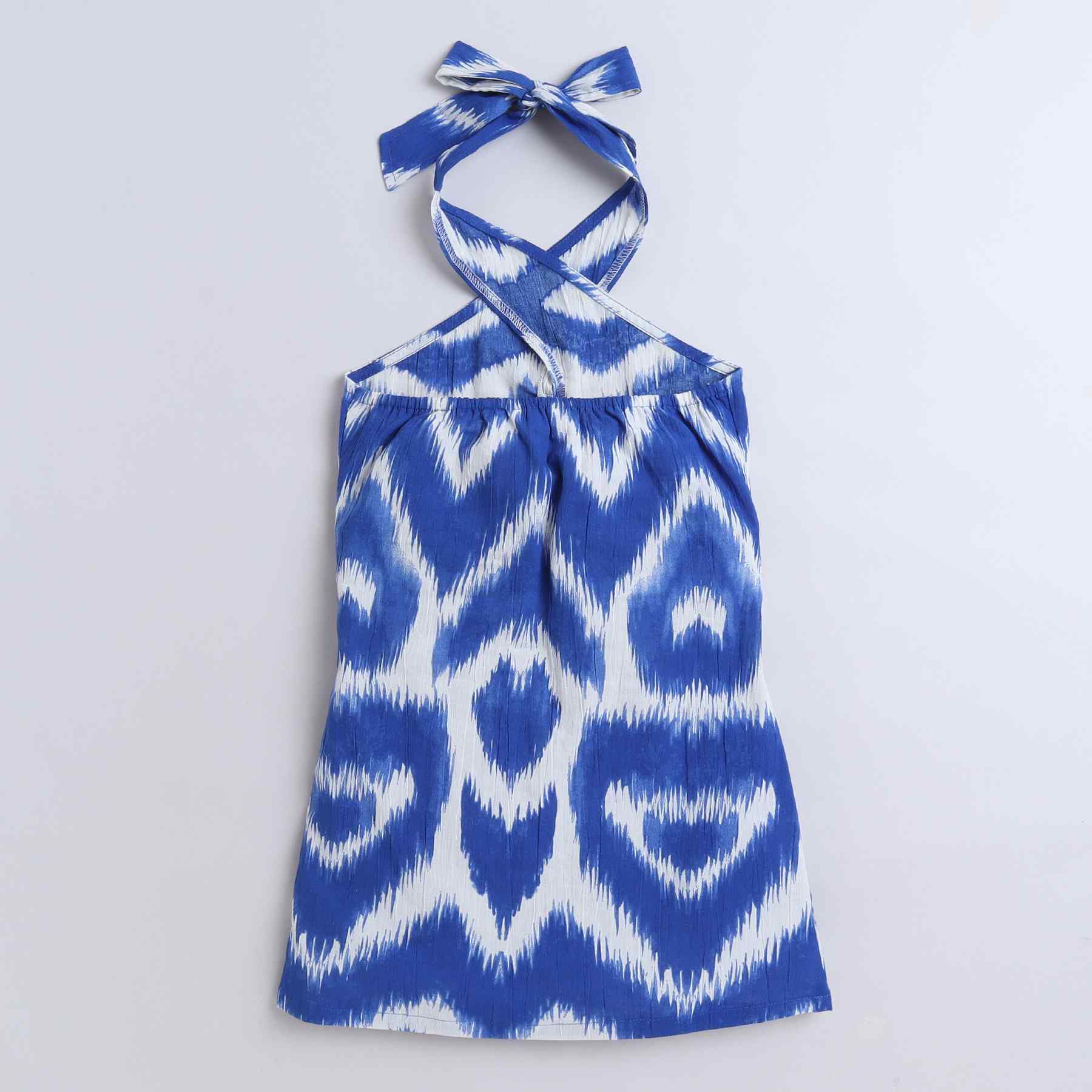 100% cotton ikkat printed button detail halter neck above  knee length Aline dress-Blue/White