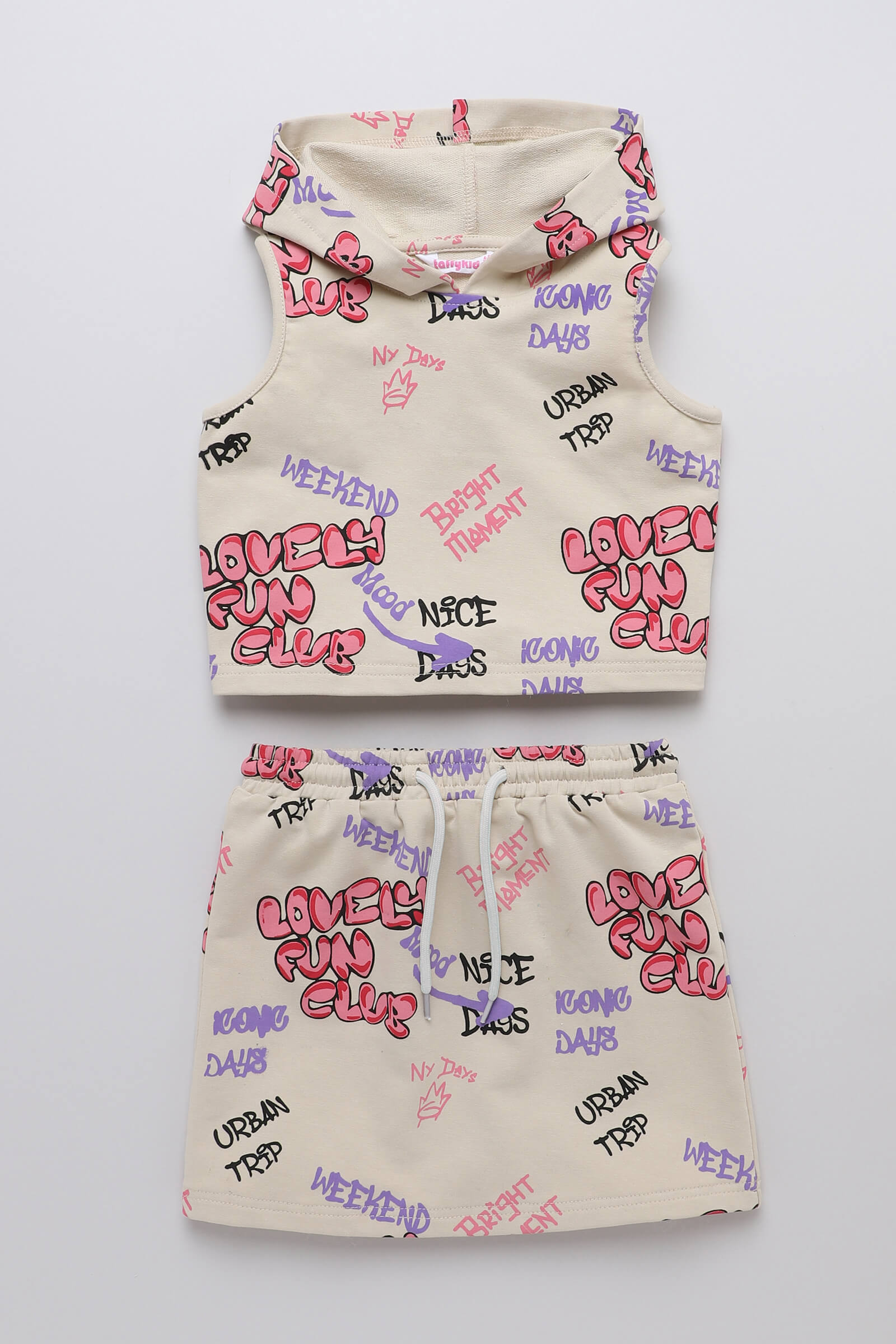 100% cotton Sleeveless Graffiti printed crop hoodie and skirt set-Beige & Multi