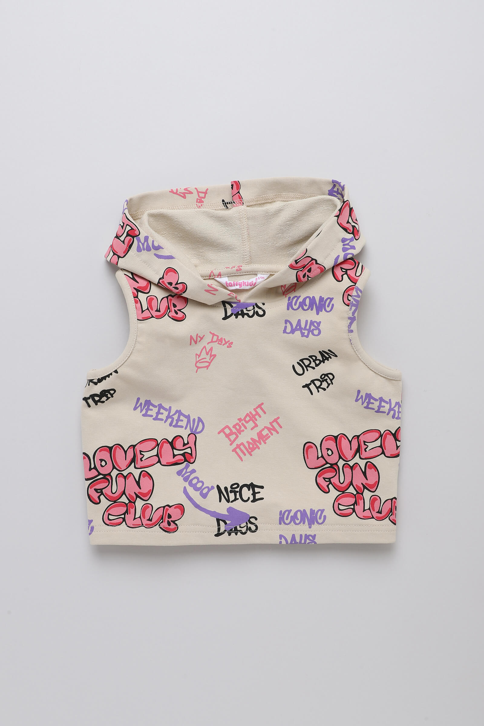 100% cotton Sleeveless Graffiti printed crop hoodie and skirt set-Beige & Multi