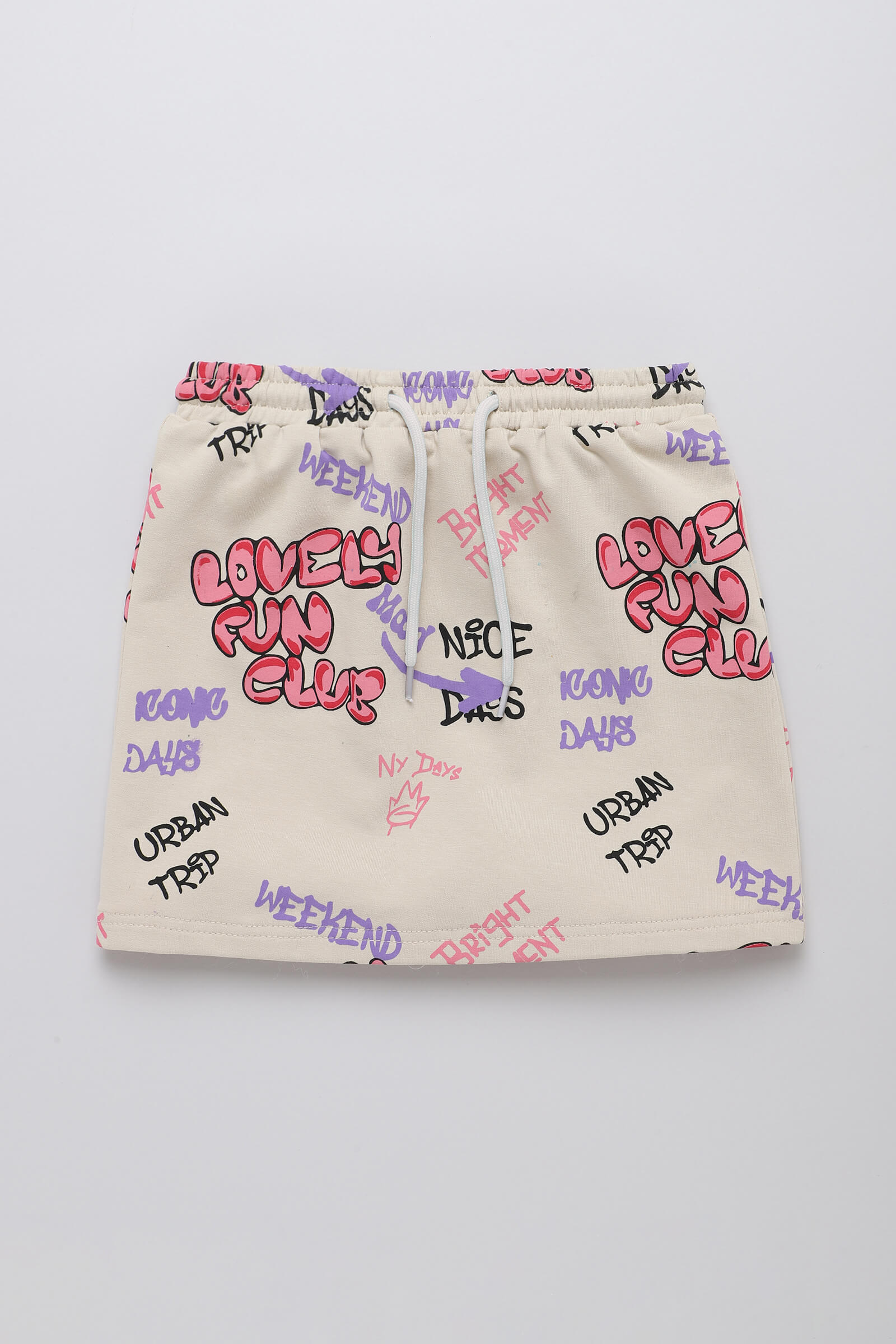 100% cotton Sleeveless Graffiti printed crop hoodie and skirt set-Beige & Multi