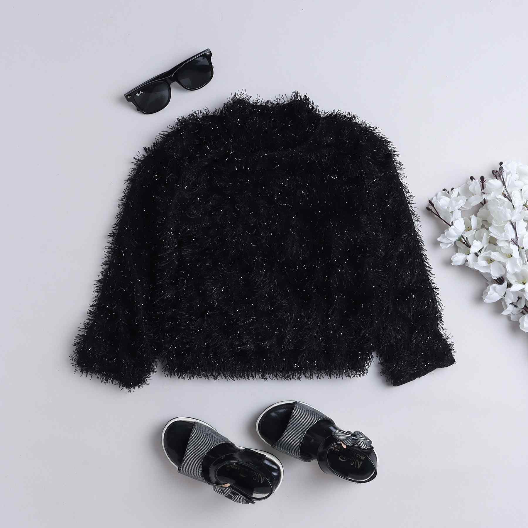 fur full sleeves party sweatshirt-Black