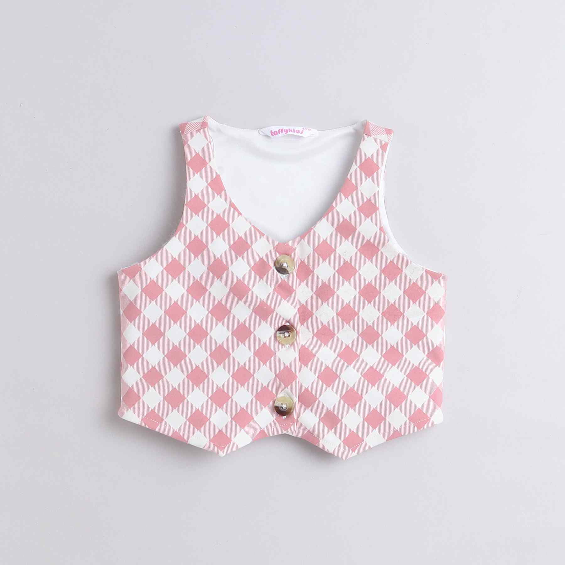 Checks printed crop vest-Pink/White