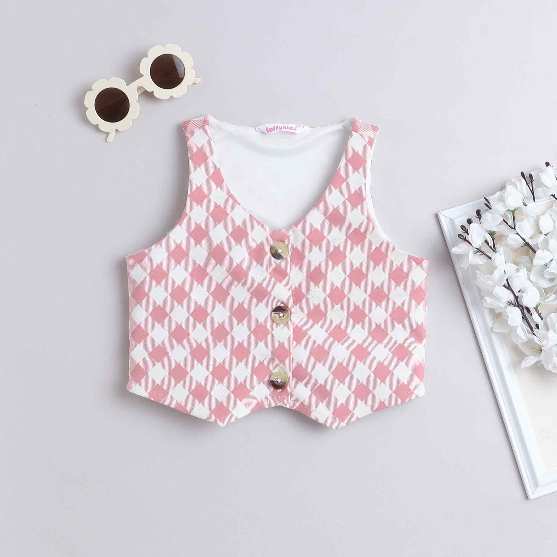 Checks printed crop vest-Pink/White