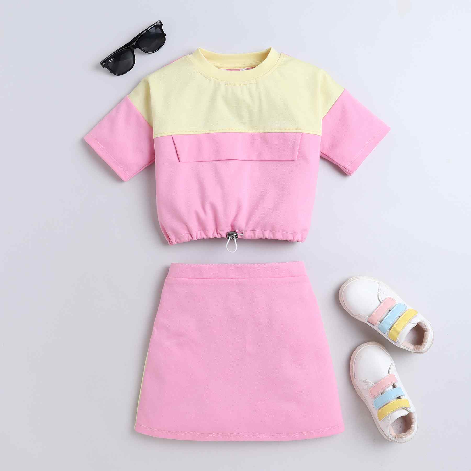 color block drop shoulder half sleeves crop T-shirt and matching skirt set-Pink/Yellow