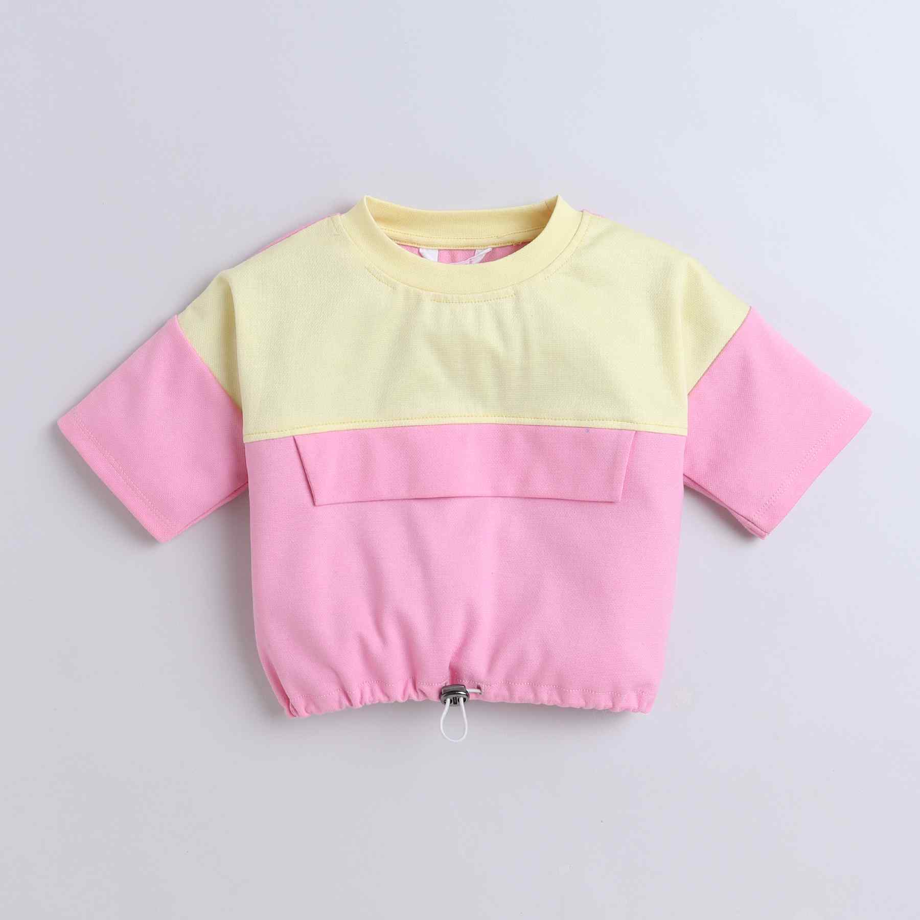 color block drop shoulder half sleeves crop T-shirt and matching skirt set-Pink/Yellow