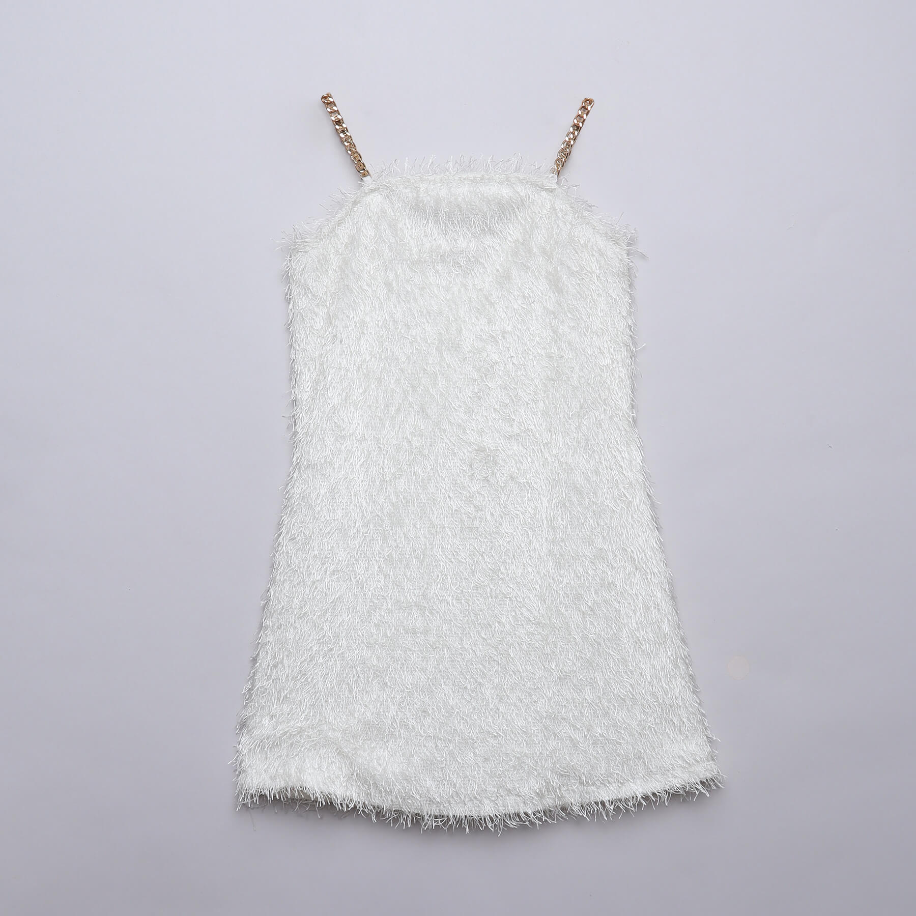 Fur sleeveless Chain strap detail Aline party dress-Off White