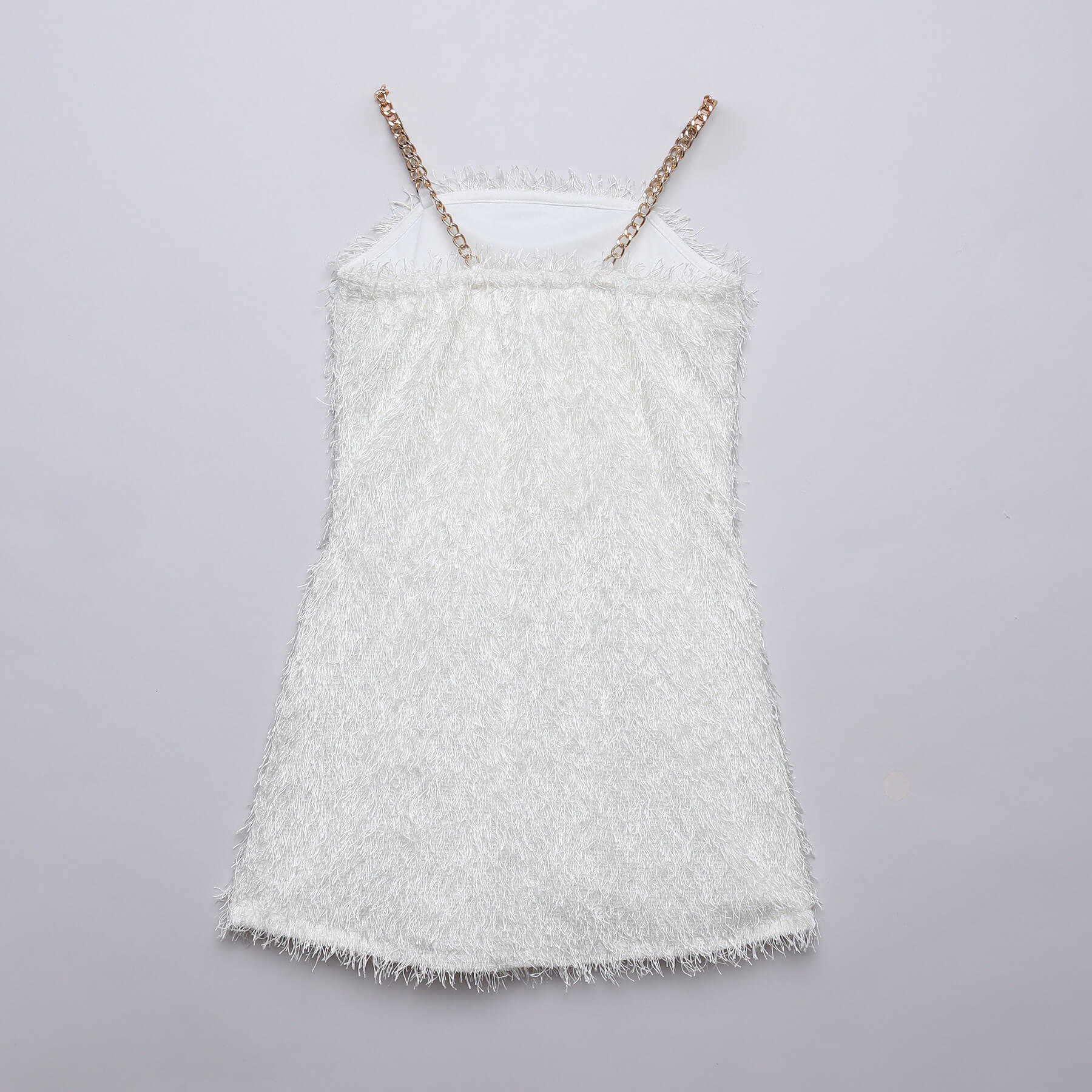 Fur sleeveless Chain strap detail Aline party dress-Off White