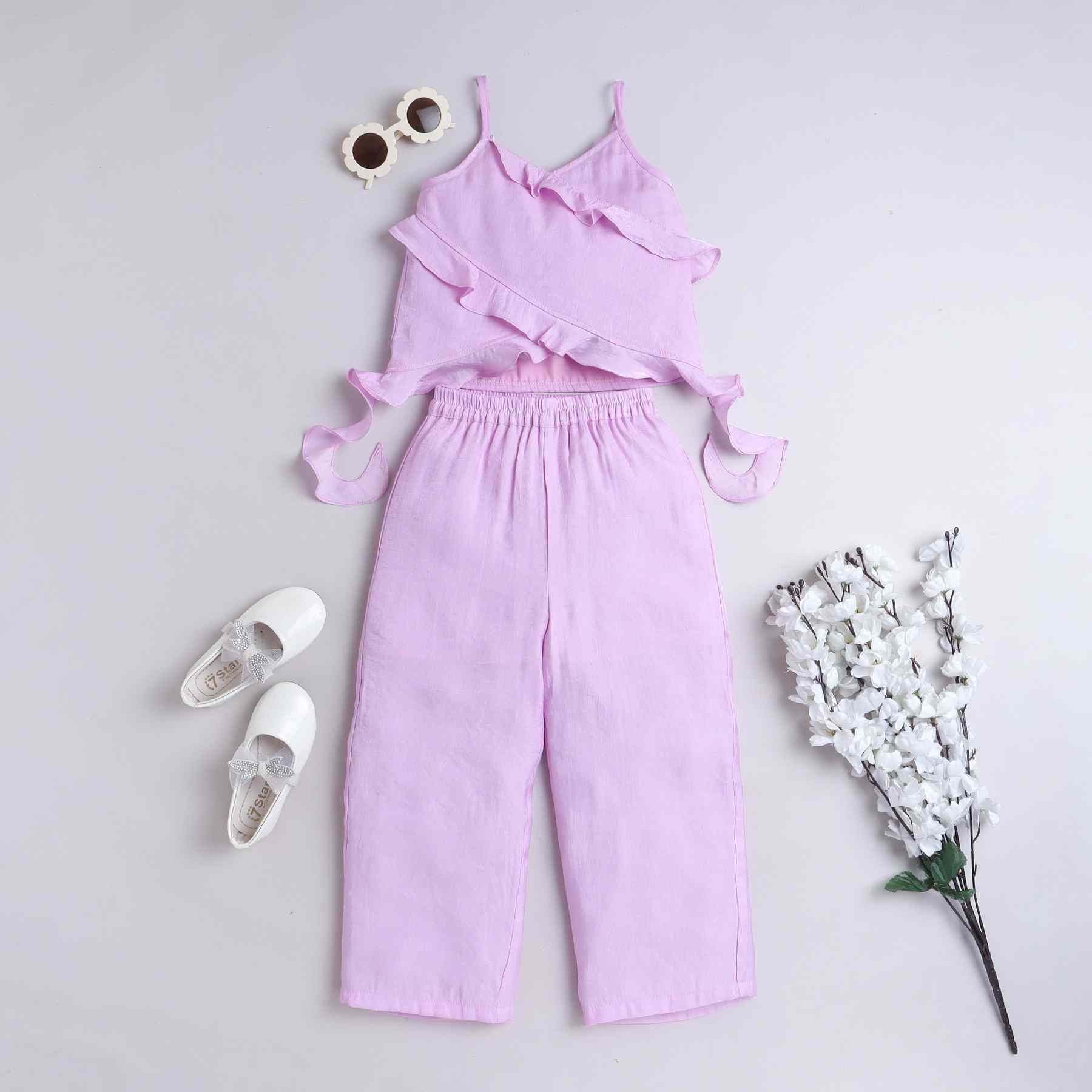 singlet ruffle detail asymmetric top and matching pant set-Lilac