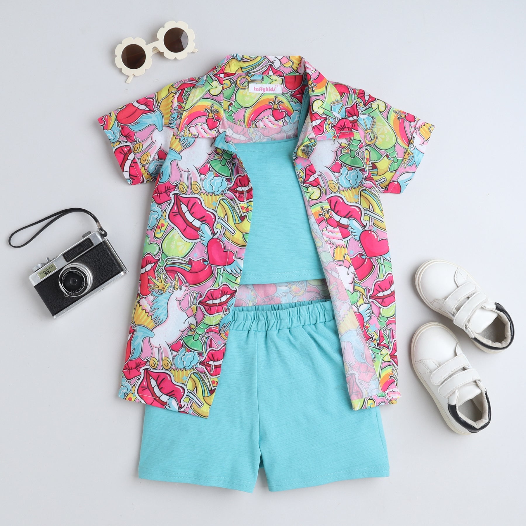 graffiti theme printed half sleeves button up long shirt with solid shorts and singlet crop top set -Aqua/Multi